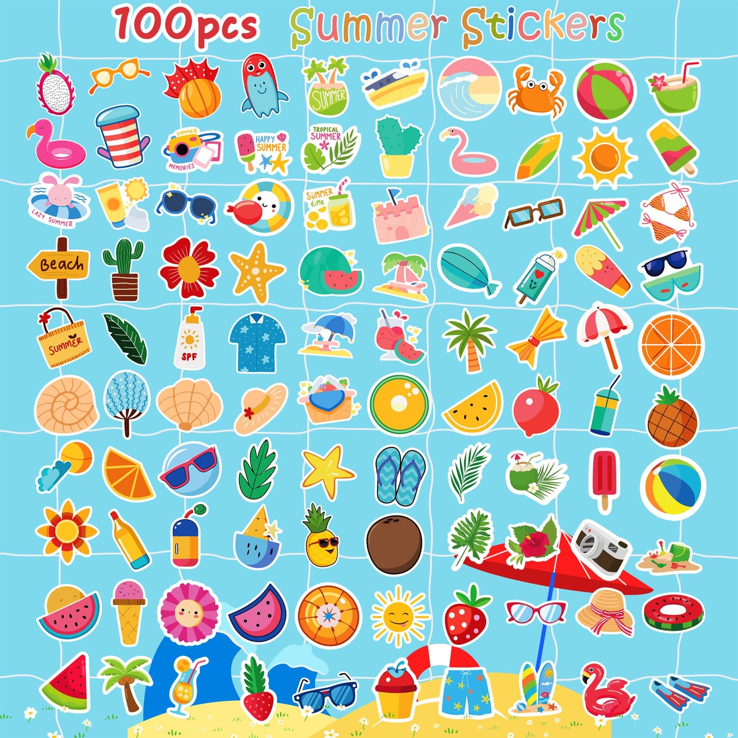 OHOME Summer Stickers | 100 Pcs Hawaiian Beach Vinyl Stickers for Kids & Adults | Tropical Crafts & Party Favors