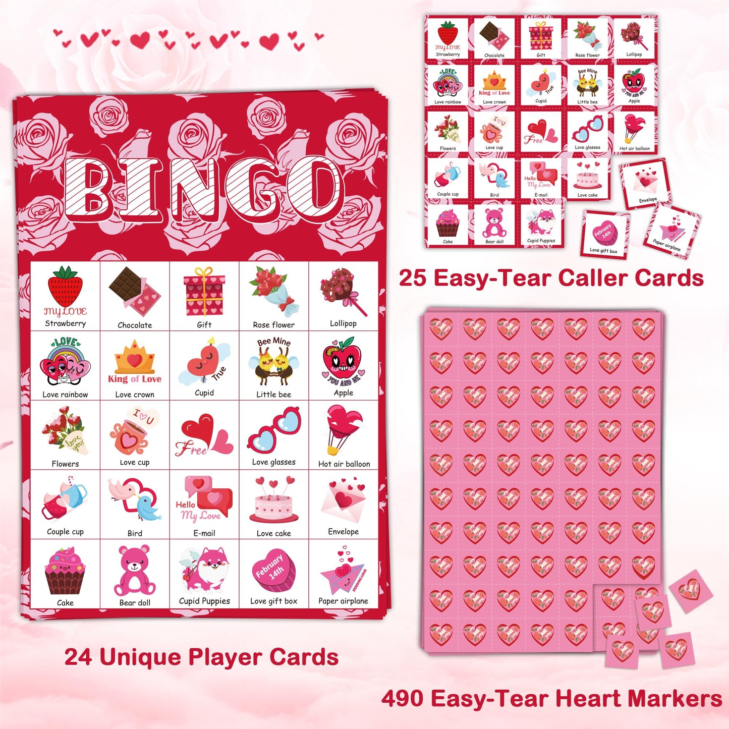 OHOME Valentines Bingo Cards for Kids – 24-Player Classroom Valentines Day Activities