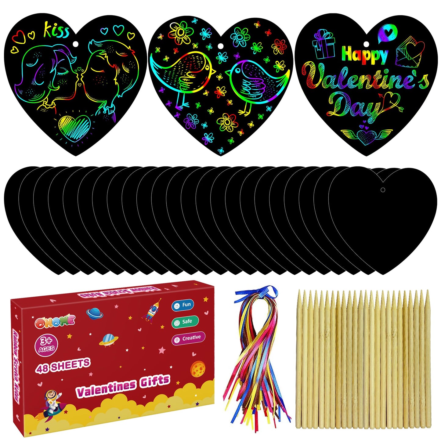 OHOME Valentines Day Crafts for Kids – 48-Piece Rainbow Scratch Paper Cards Set for School & Home