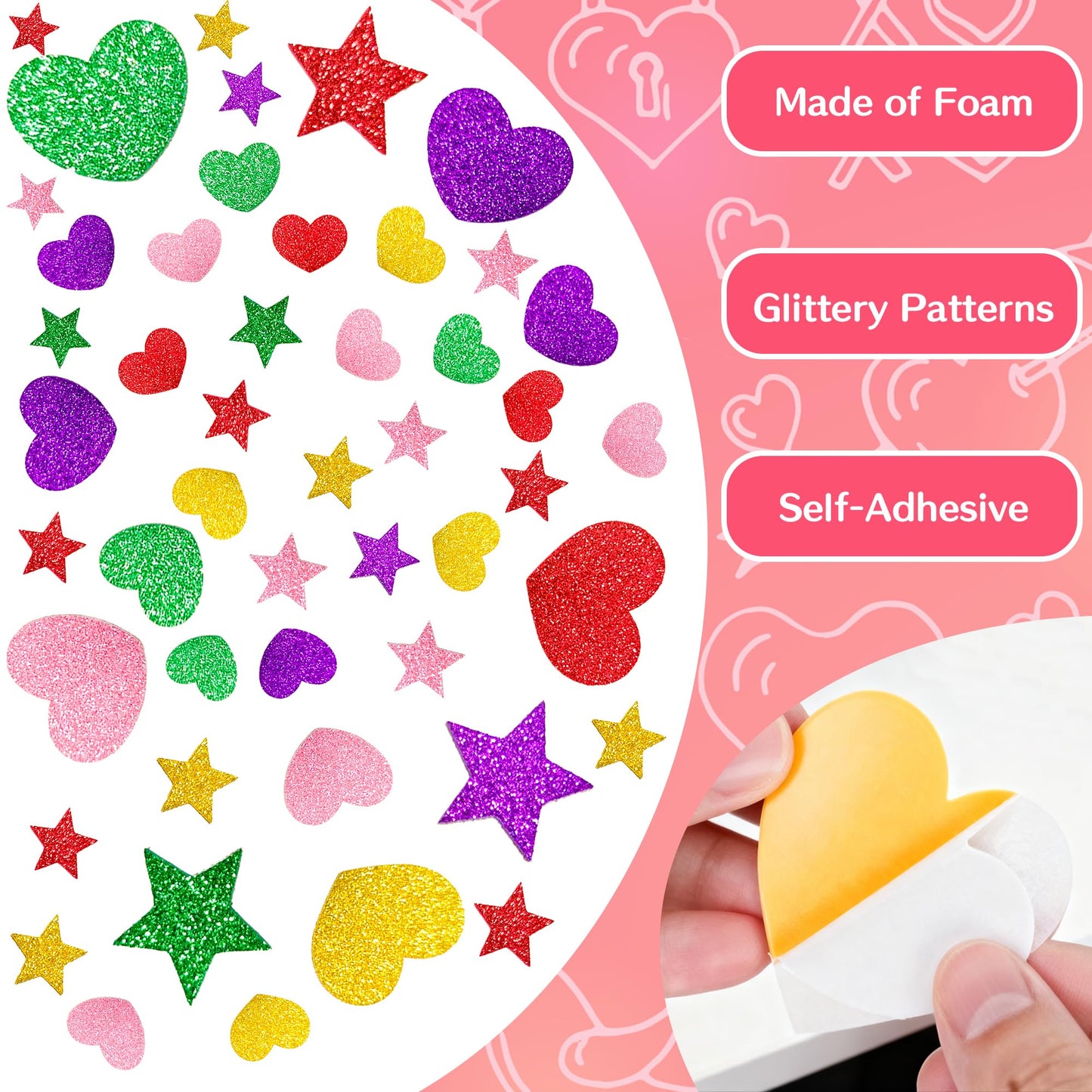 OHOME Valentines Party Favors – 280 Glitter Foam Hearts & Stars Stickers for Kids