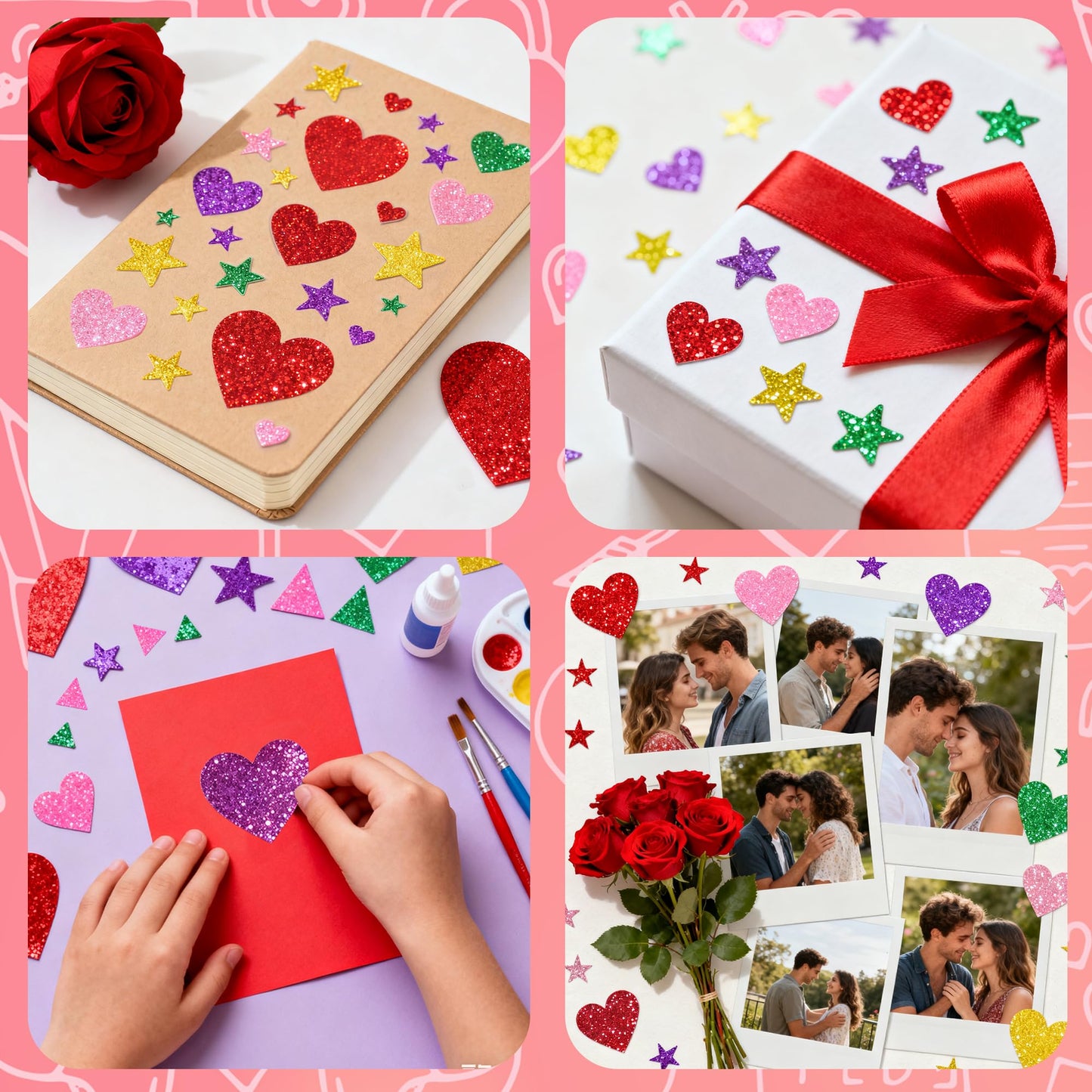 OHOME Valentines Party Favors – 280 Glitter Foam Hearts & Stars Stickers for Kids