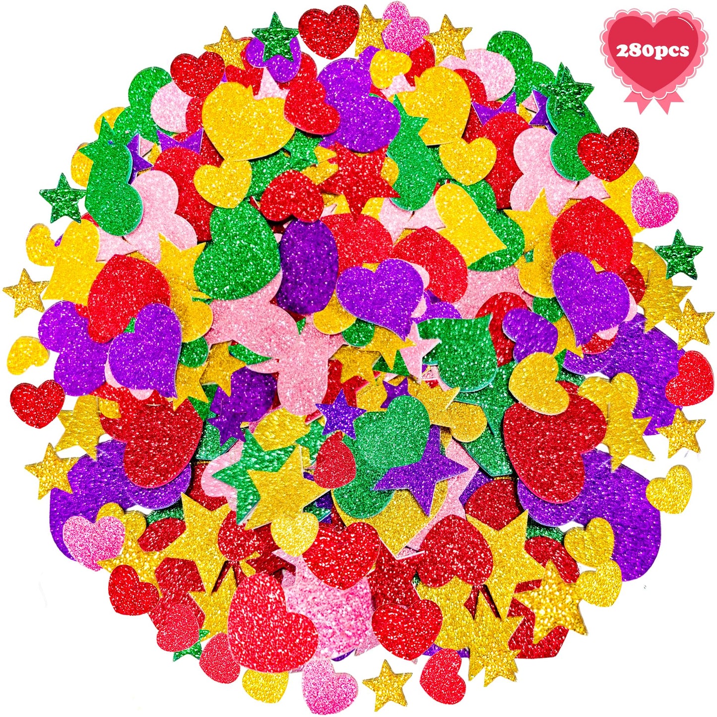 OHOME Valentines Party Favors – 280 Glitter Foam Hearts & Stars Stickers for Kids