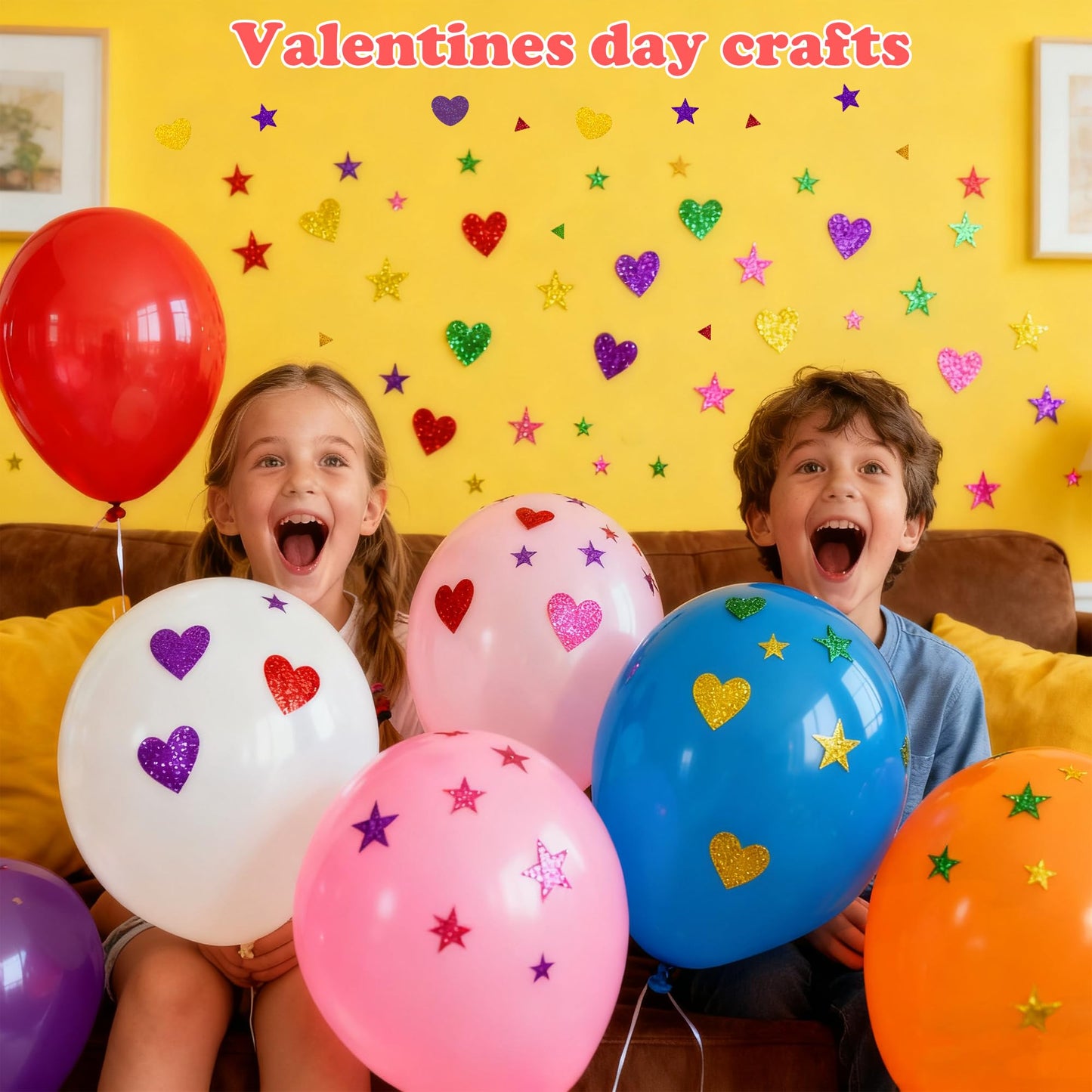 OHOME Valentines Party Favors – 280 Glitter Foam Hearts & Stars Stickers for Kids