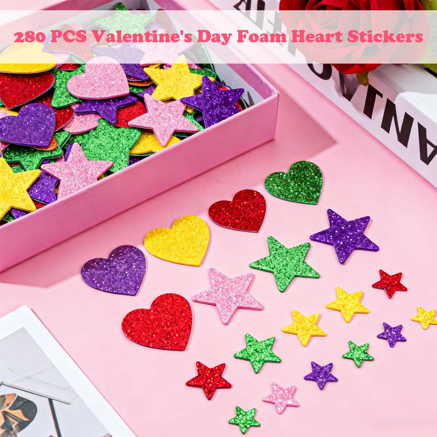OHOME Valentines Party Favors – 280 Glitter Foam Hearts & Stars Stickers for Kids