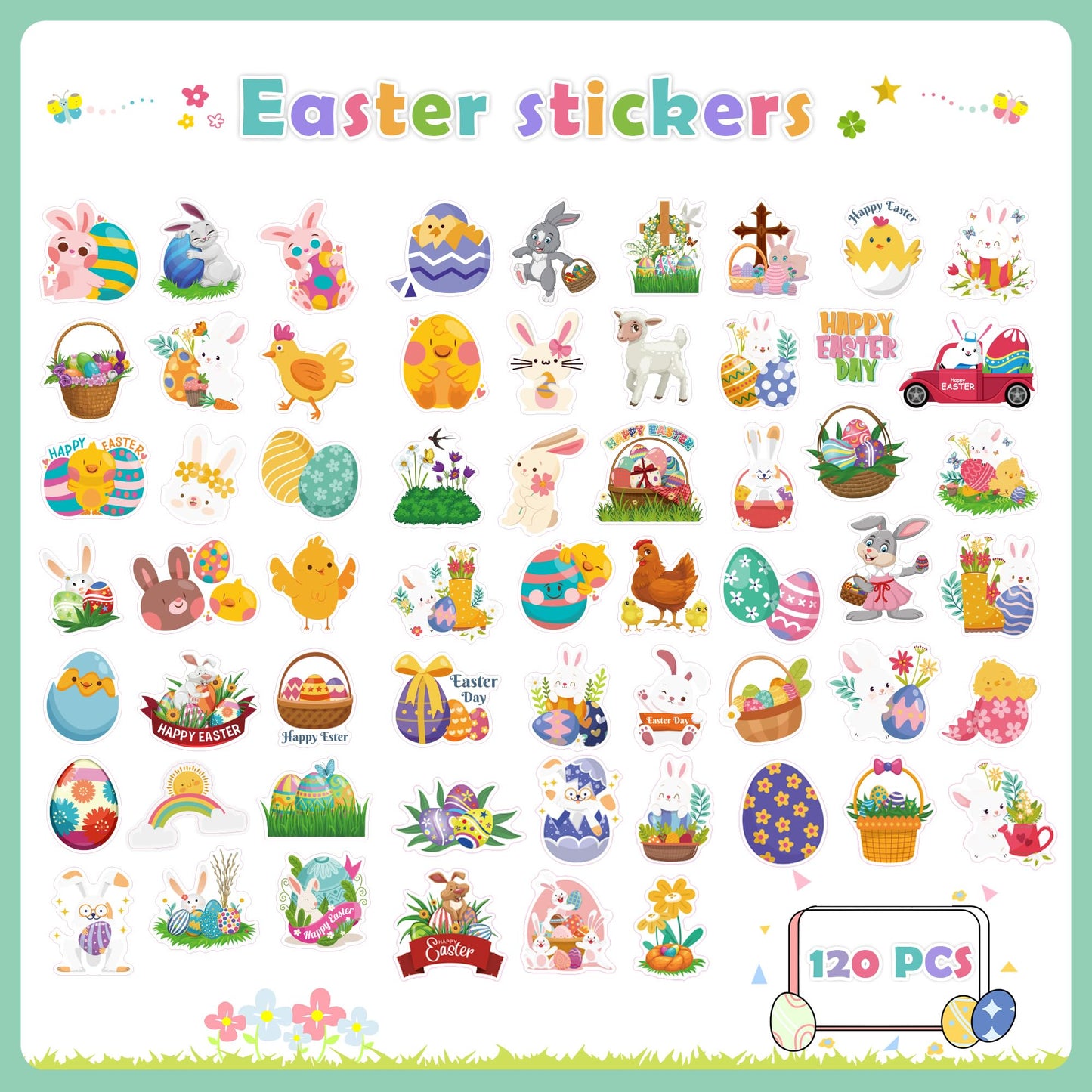 OHOME Easter Stickers – 120 Pcs Egg & Bunny Vinyl Stickers for Kids’ Crafts, Gifts & Party Favors