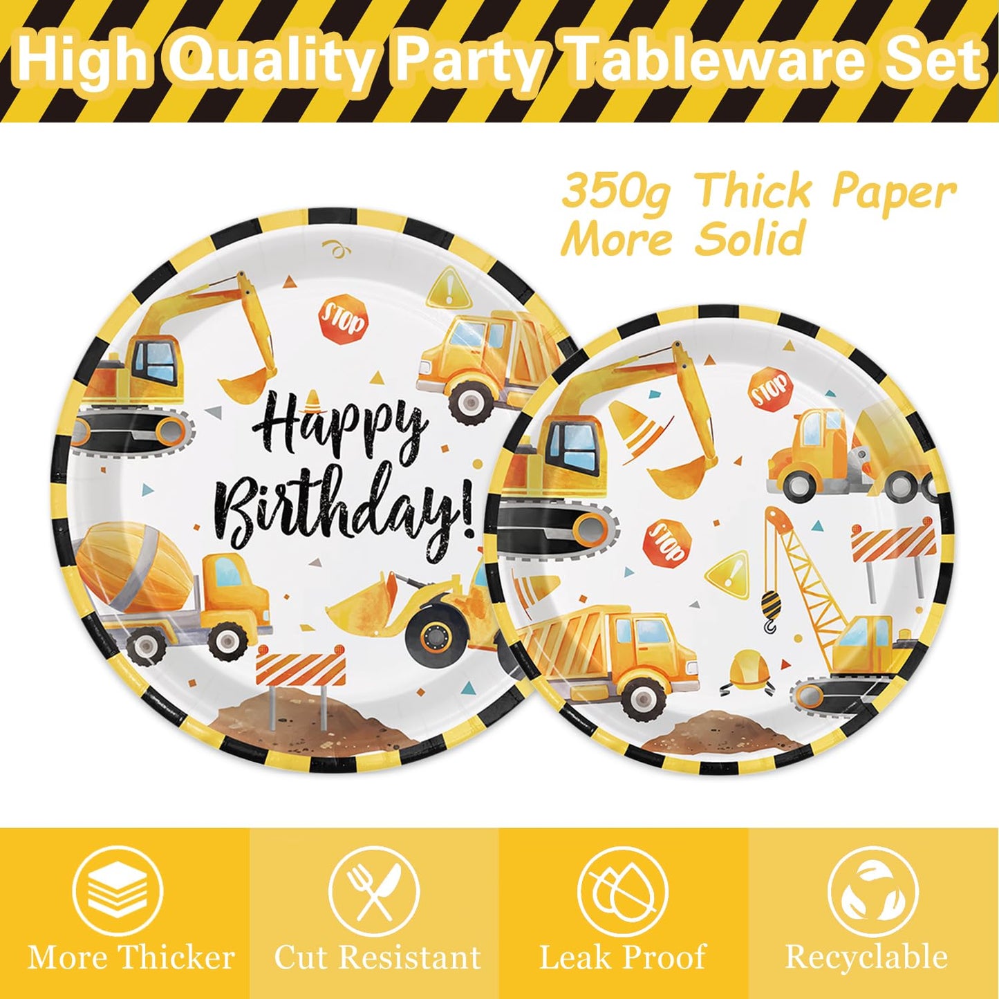 Oigco Construction Birthday Party Supplies – Plates, Cups, Napkins & Cutlery for 24 Guests