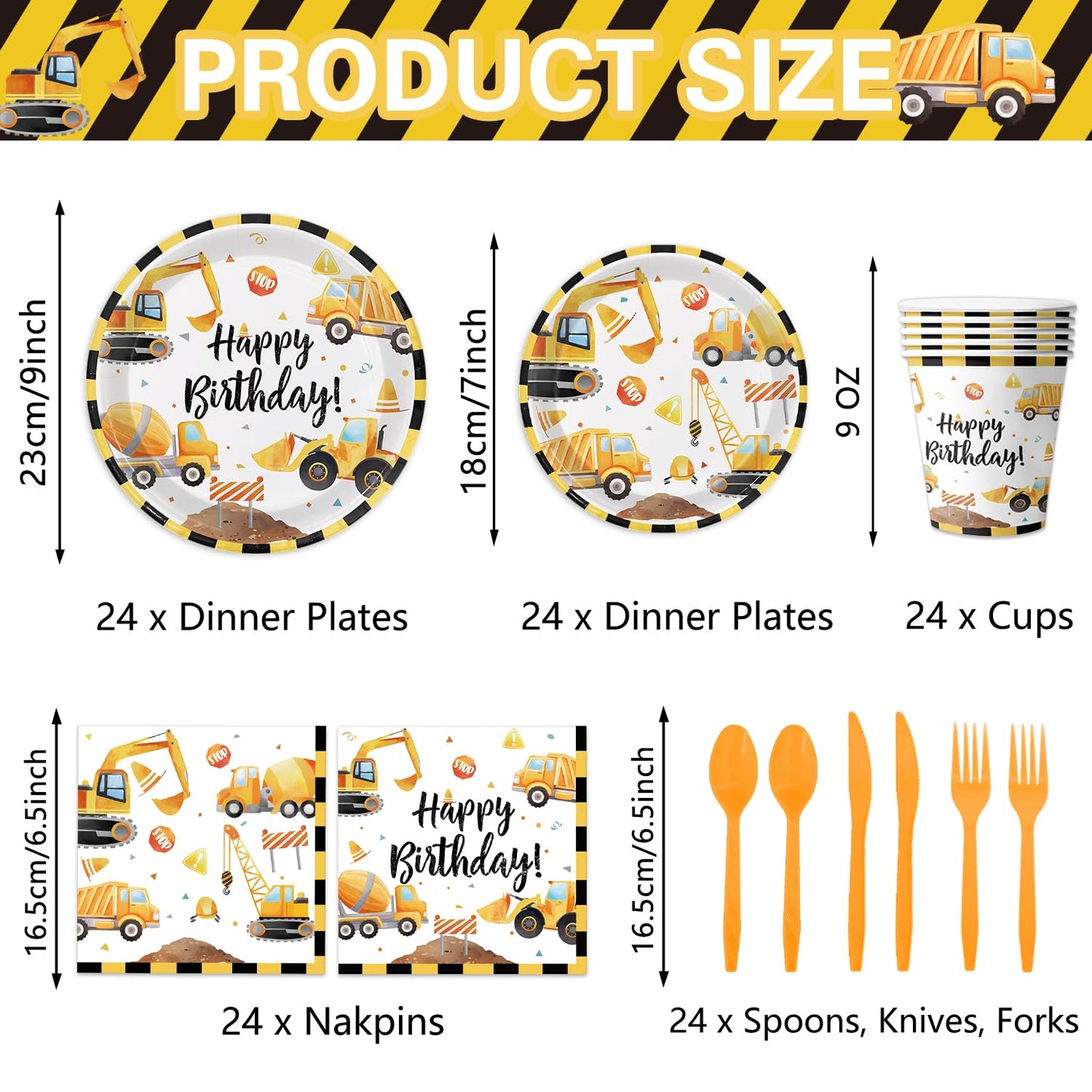 Oigco Construction Birthday Party Supplies – Plates, Cups, Napkins & Cutlery for 24 Guests