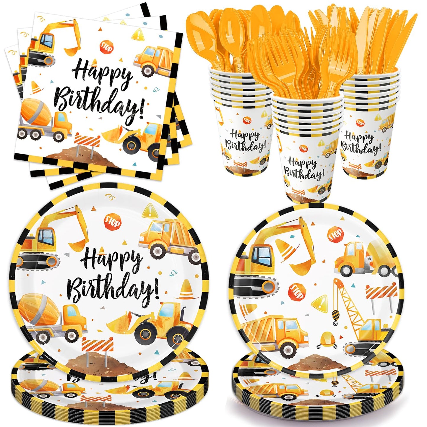 Oigco Construction Birthday Party Supplies – Plates, Cups, Napkins & Cutlery for 24 Guests