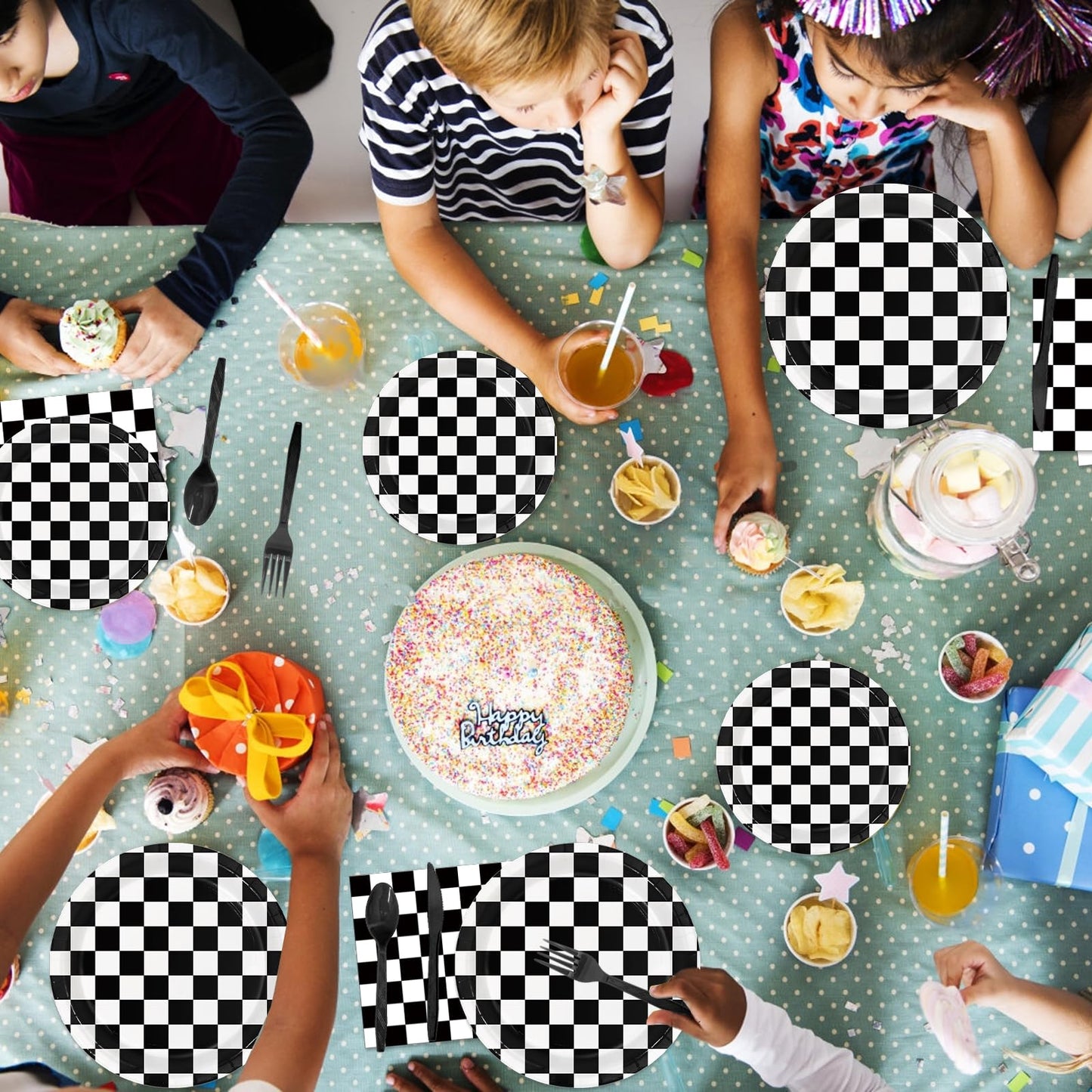 Oigco 168 PCS Race Car Party Decorations – Checkered Plates, Cups & Cutlery (Serves 24)