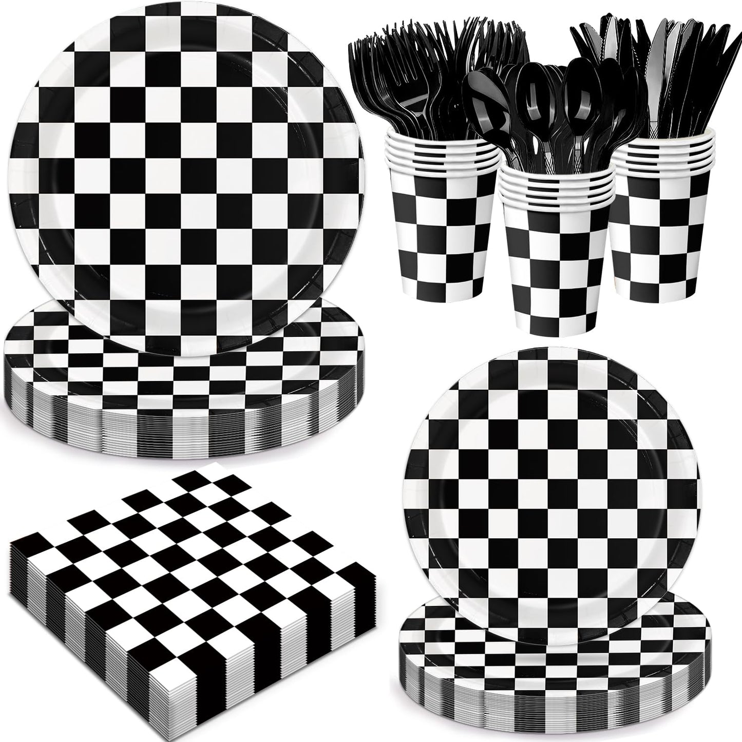 Oigco 168 PCS Race Car Party Decorations – Checkered Plates, Cups & Cutlery (Serves 24)