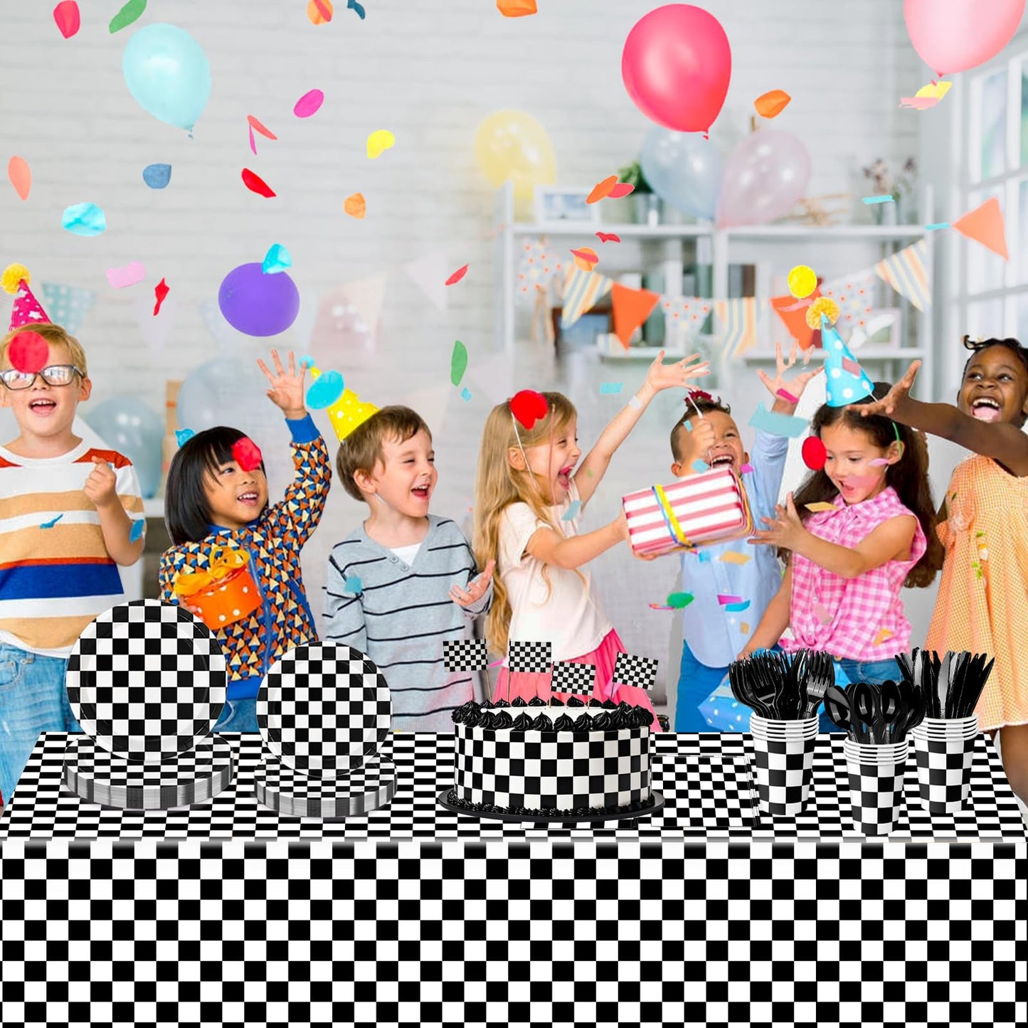 Oigco 168 PCS Race Car Party Decorations – Checkered Plates, Cups & Cutlery (Serves 24)