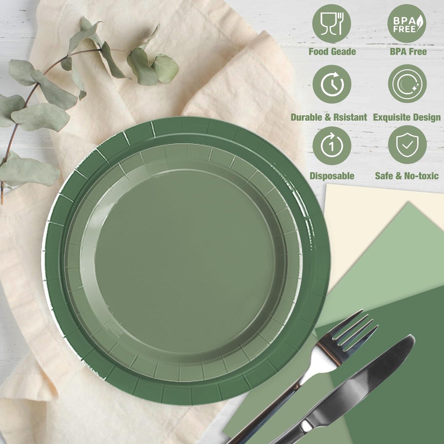 Oigco 150 PCS Sage Green Paper Plates & Napkins – Disposable Partyware for Birthday, Wedding & Baby Shower