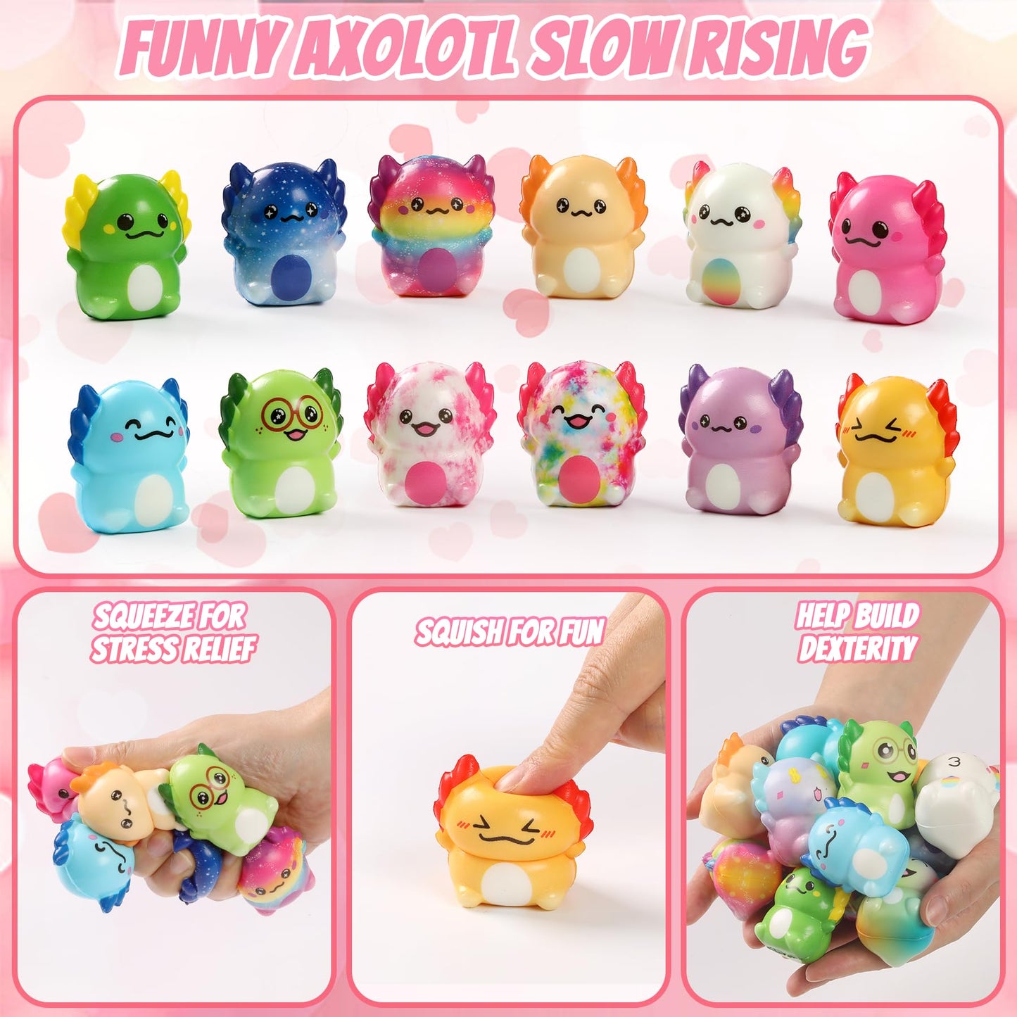 OIMJXDK 24 PCS Valentines Day Gift Cards with Axolotl Squishy Toys – Slow Rising Fidget Toys Bulk