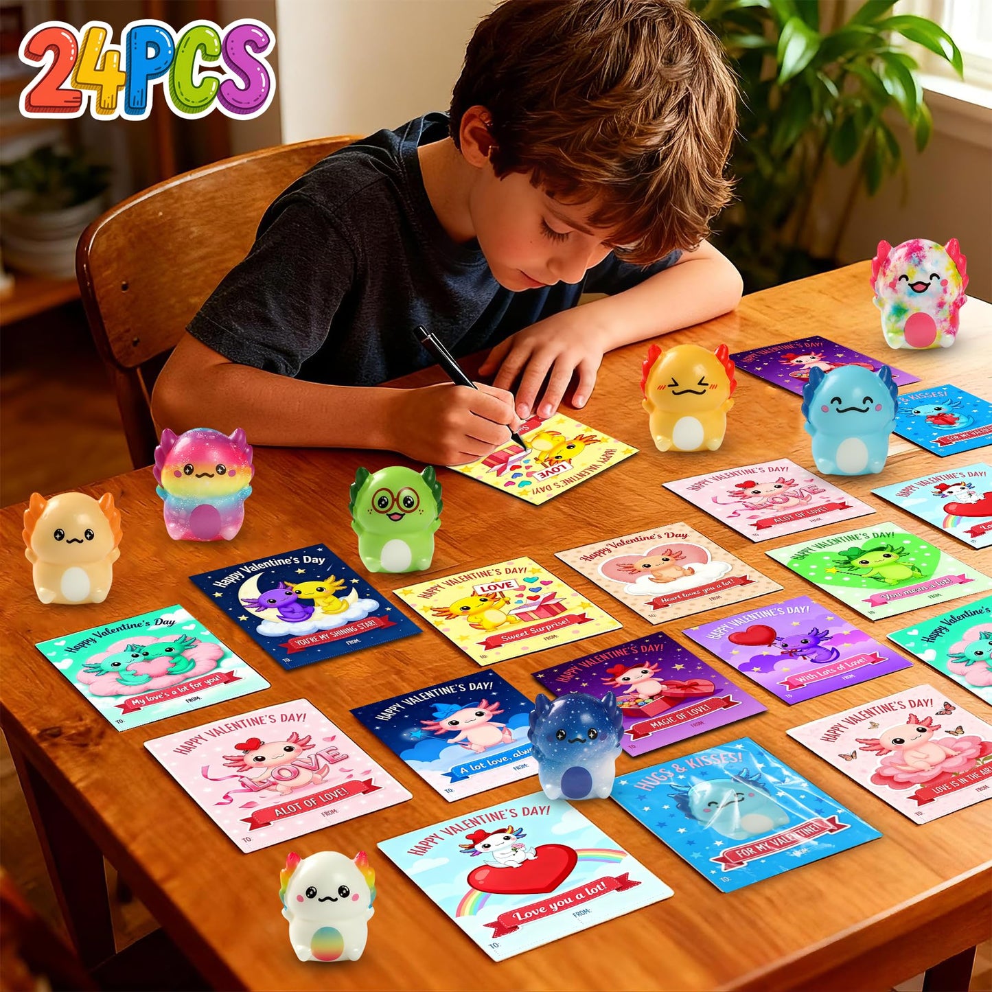 OIMJXDK 24 PCS Valentines Day Gift Cards with Axolotl Squishy Toys – Slow Rising Fidget Toys Bulk
