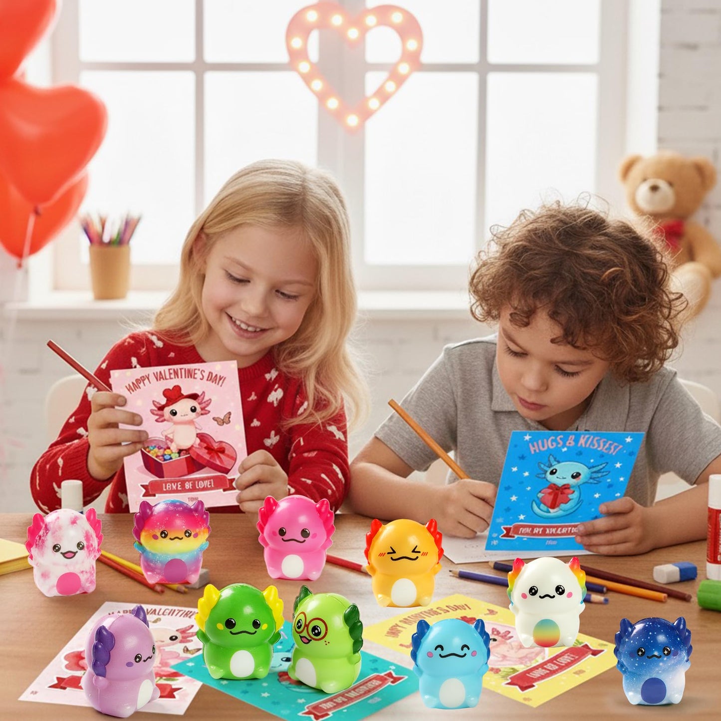 OIMJXDK 24 PCS Valentines Day Gift Cards with Axolotl Squishy Toys – Slow Rising Fidget Toys Bulk
