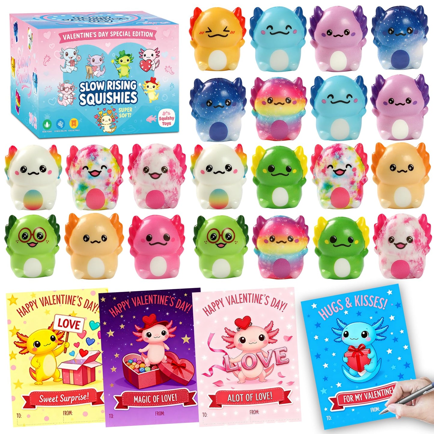 OIMJXDK 24 PCS Valentines Day Gift Cards with Axolotl Squishy Toys – Slow Rising Fidget Toys Bulk