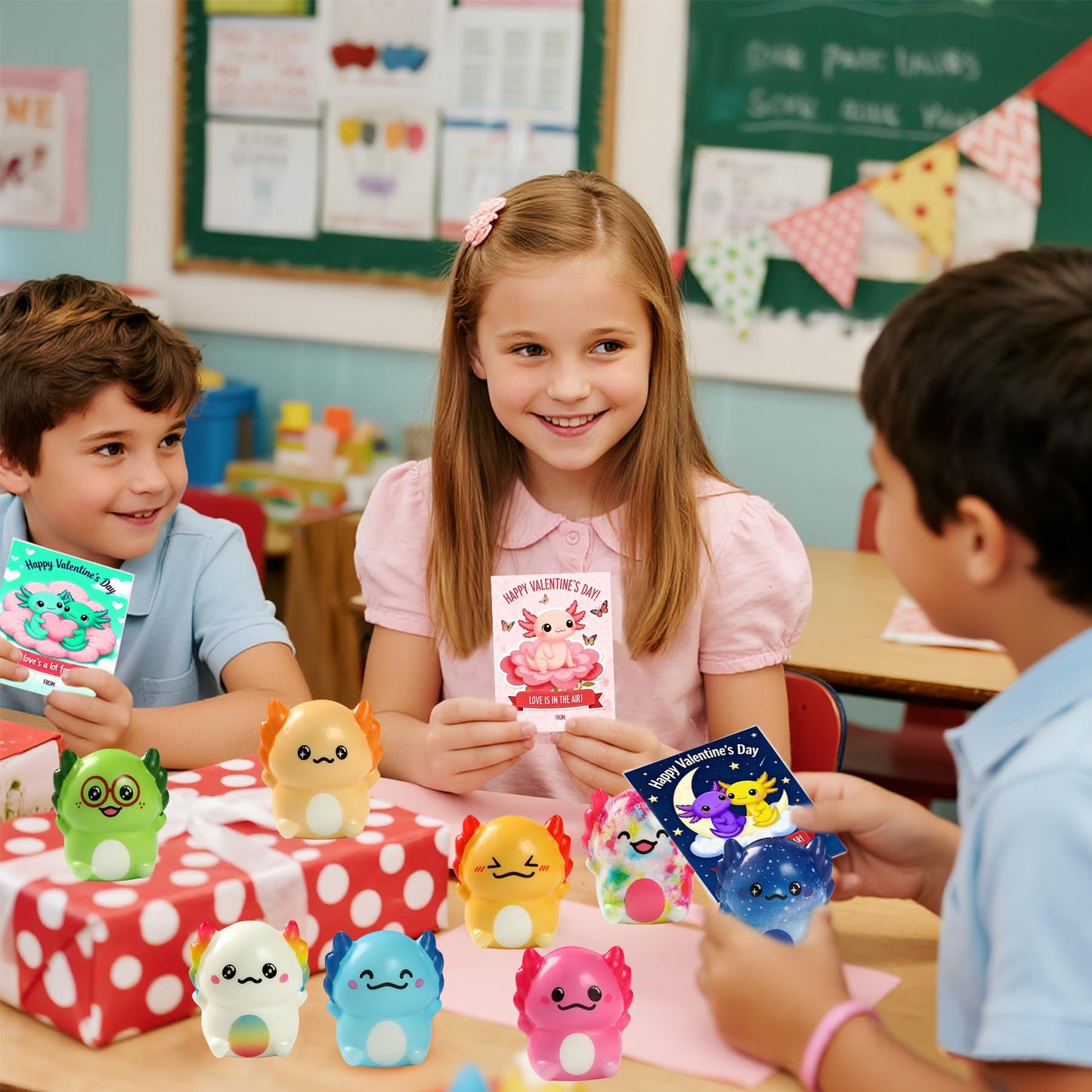 OIMJXDK 24 PCS Valentines Day Gift Cards with Axolotl Squishy Toys – Slow Rising Fidget Toys Bulk