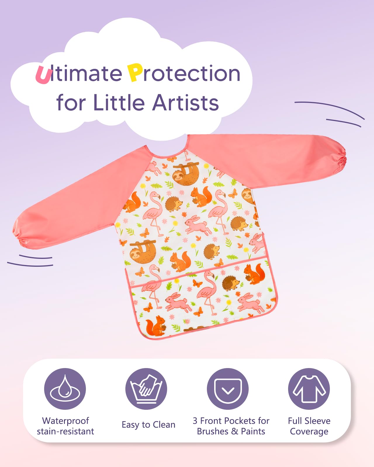 Oiomniv Kids Painting Smock (Ages 3-8) Waterproof Art Apron with Long Sleeves & 3 Pockets