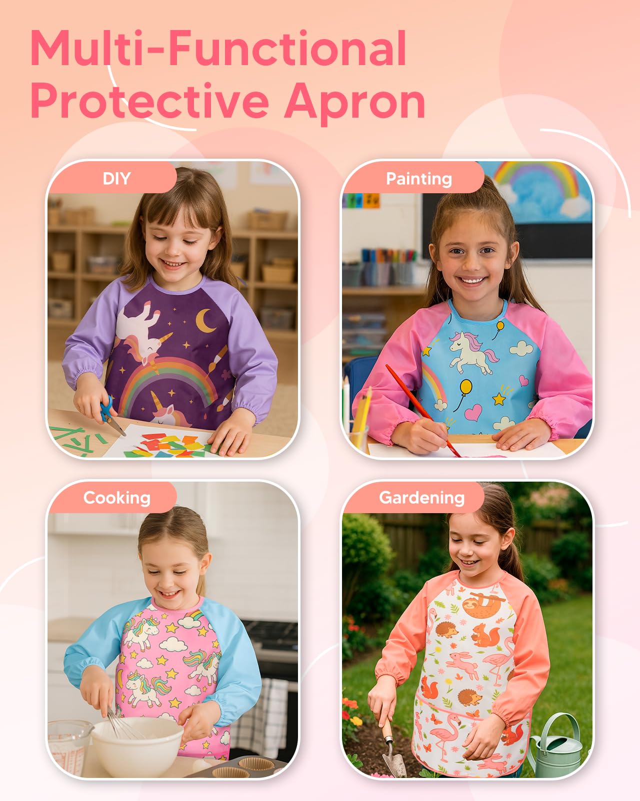Oiomniv Kids Painting Smock for Ages 3-8 — Waterproof Art Apron with Long Sleeves & 3 Pockets