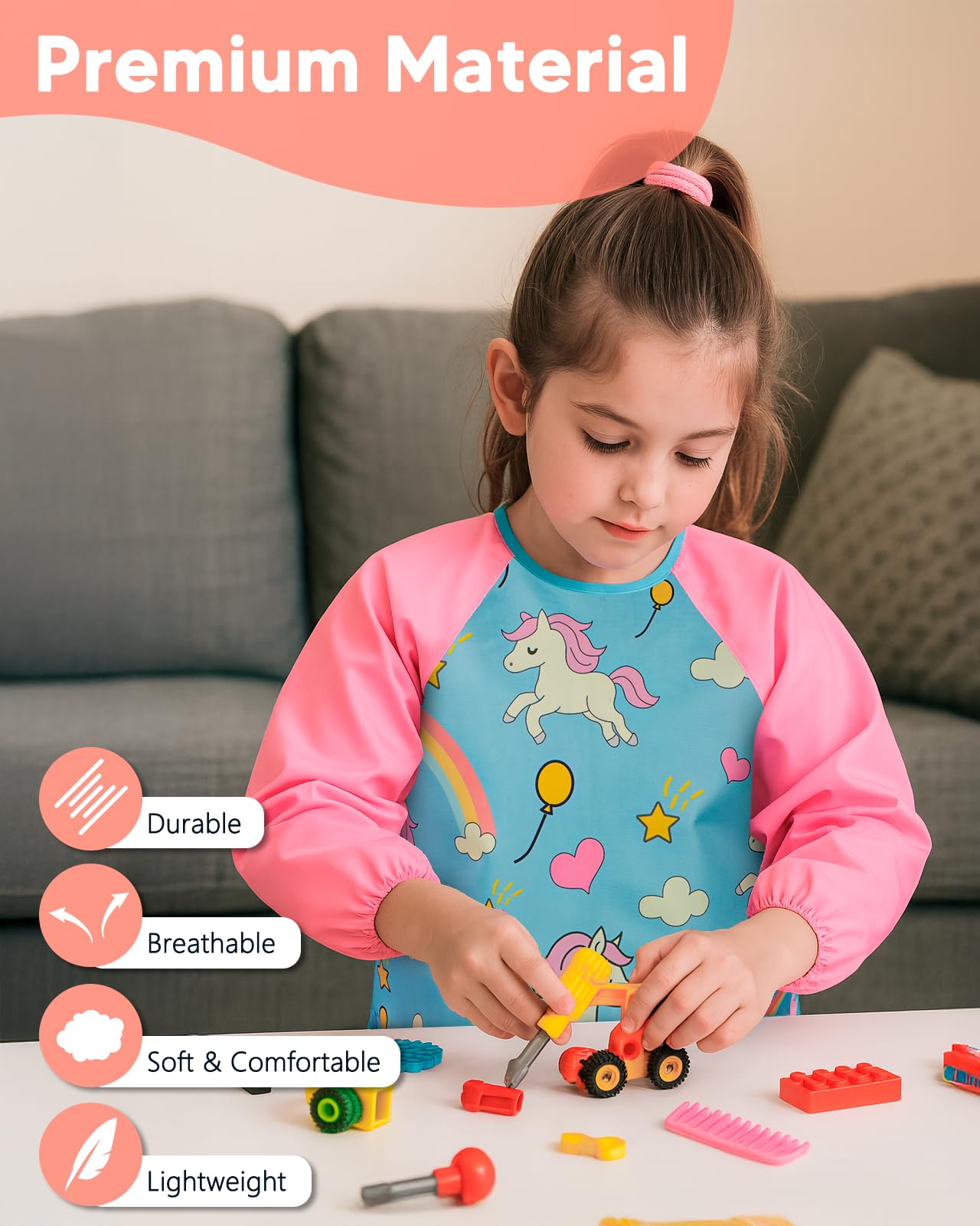 Oiomniv Kids Painting Smock for Ages 3-8 — Waterproof Art Apron with Long Sleeves & 3 Pockets