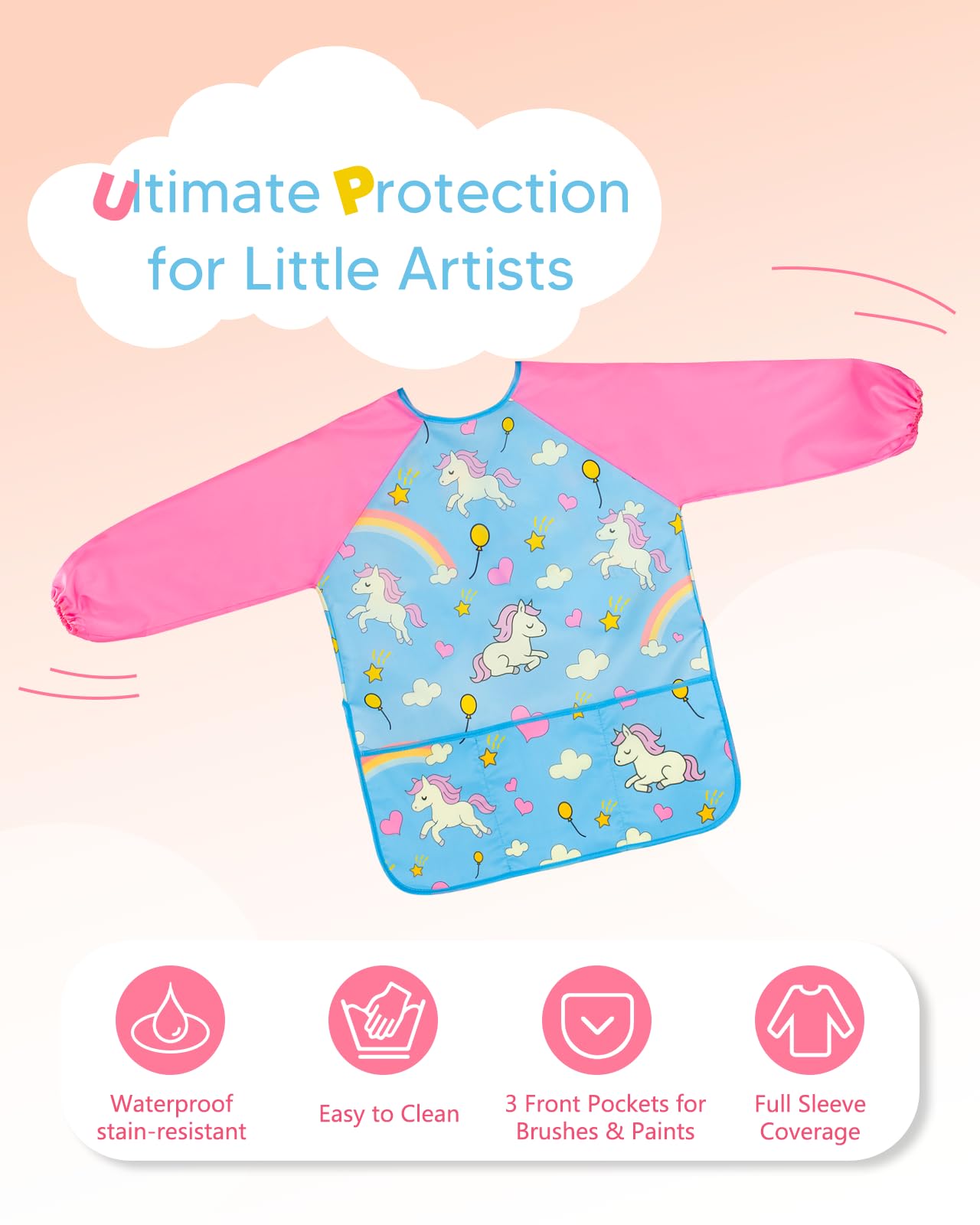 Oiomniv Kids Painting Smock for Ages 3-8 — Waterproof Art Apron with Long Sleeves & 3 Pockets