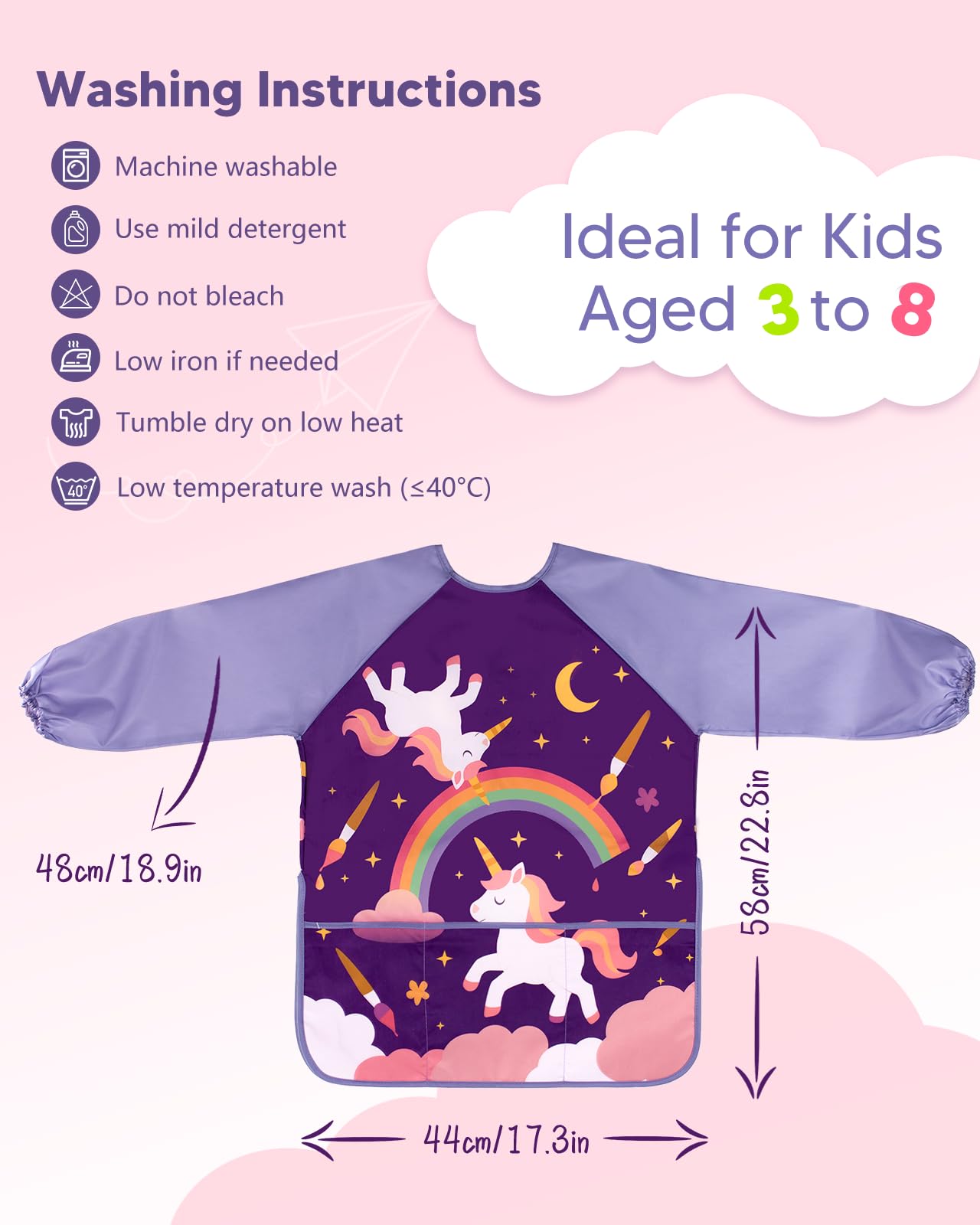 Oiomniv Kids Painting Smock (Ages 3-8) Waterproof Art Apron with Long Sleeves & 3 Pockets