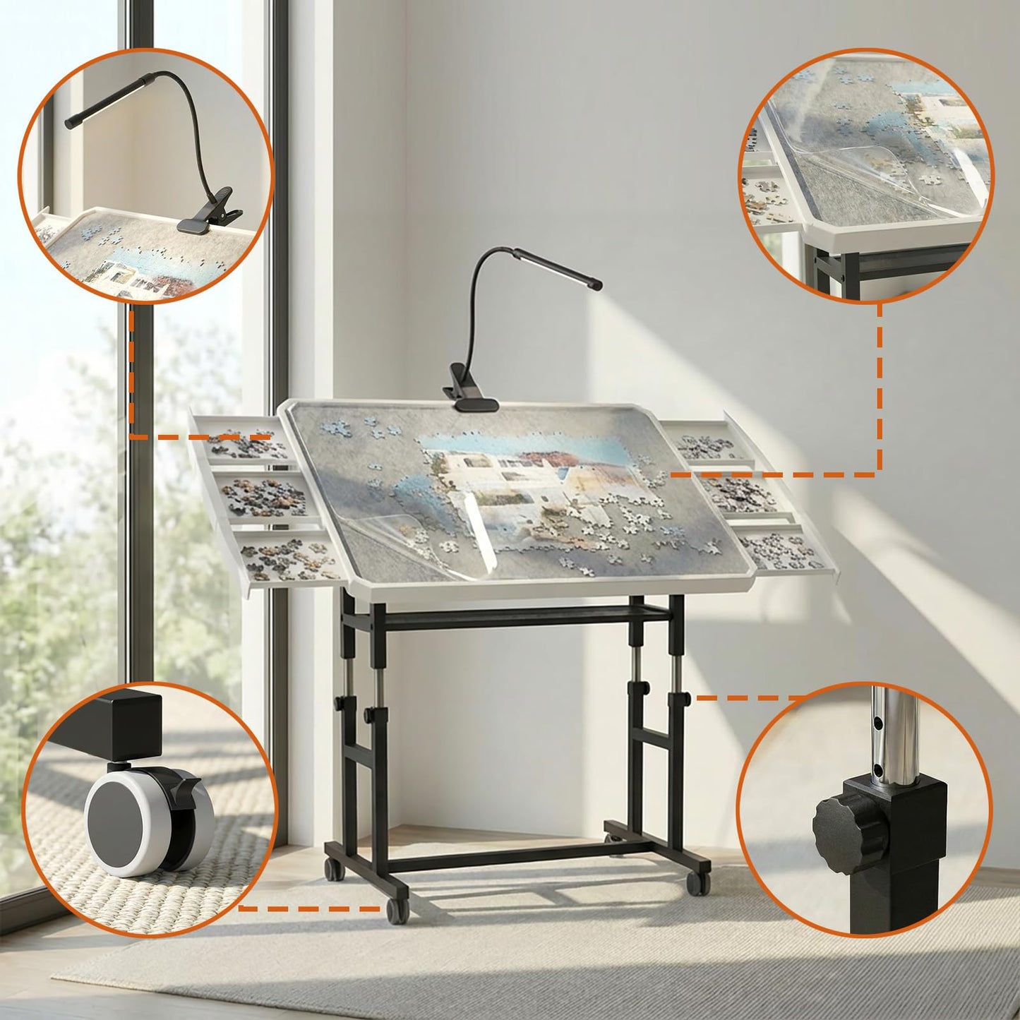 OIRBOEUS 1500-Piece Puzzle Table — Adjustable Height, Tilting Board, 6 Drawers, Cover, Wheels (35x26)