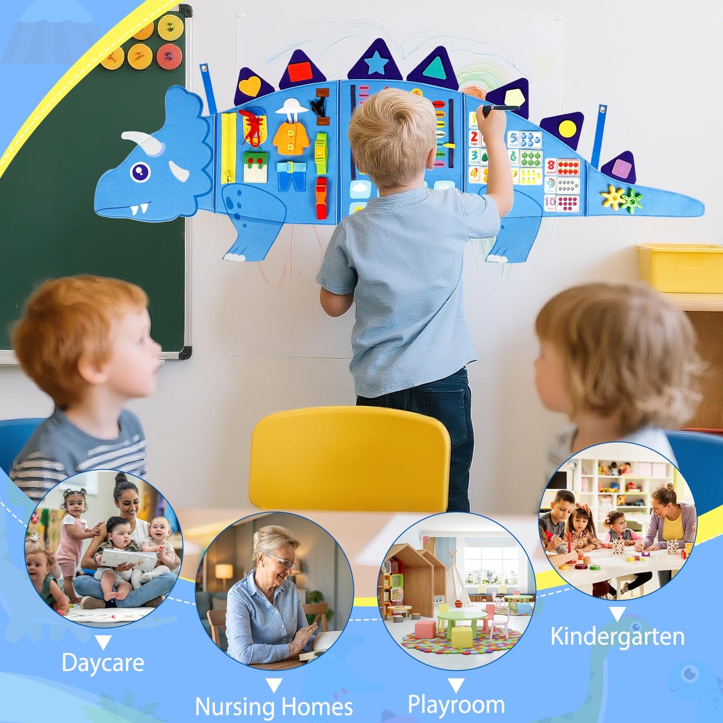 Oirtmiu Dinosaur Montessori Busy Board – 16 Activities for Fine Motor Skills & Early Learning