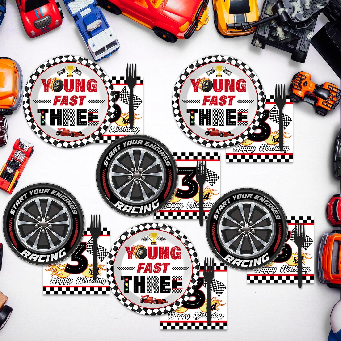 Oitnlaughter 96-Piece Race Car Party Set – Plates, Napkins & Forks for 3rd Birthday