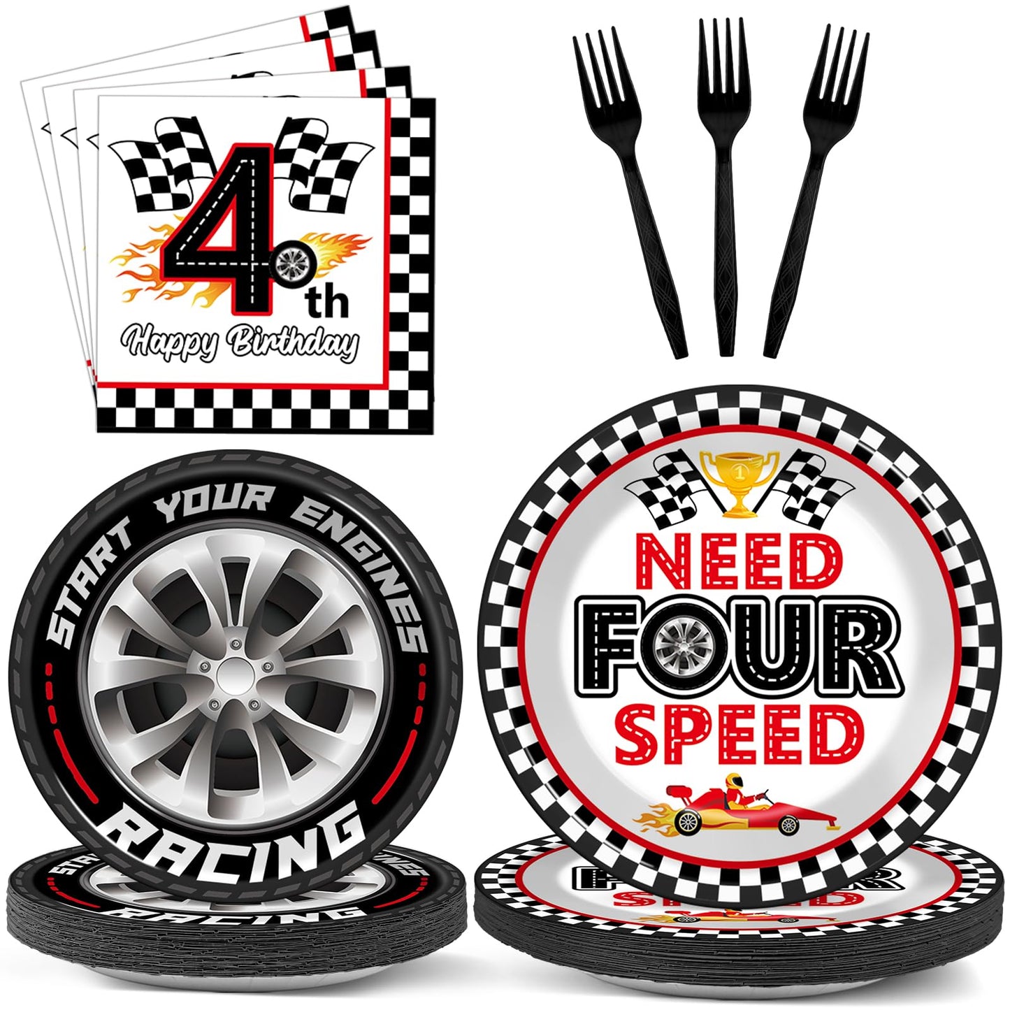 Oitnlaughter 96Pcs Racing Car Birthday Party Plates & Napkins – Four Speed Checkered Flag Tableware for Kids