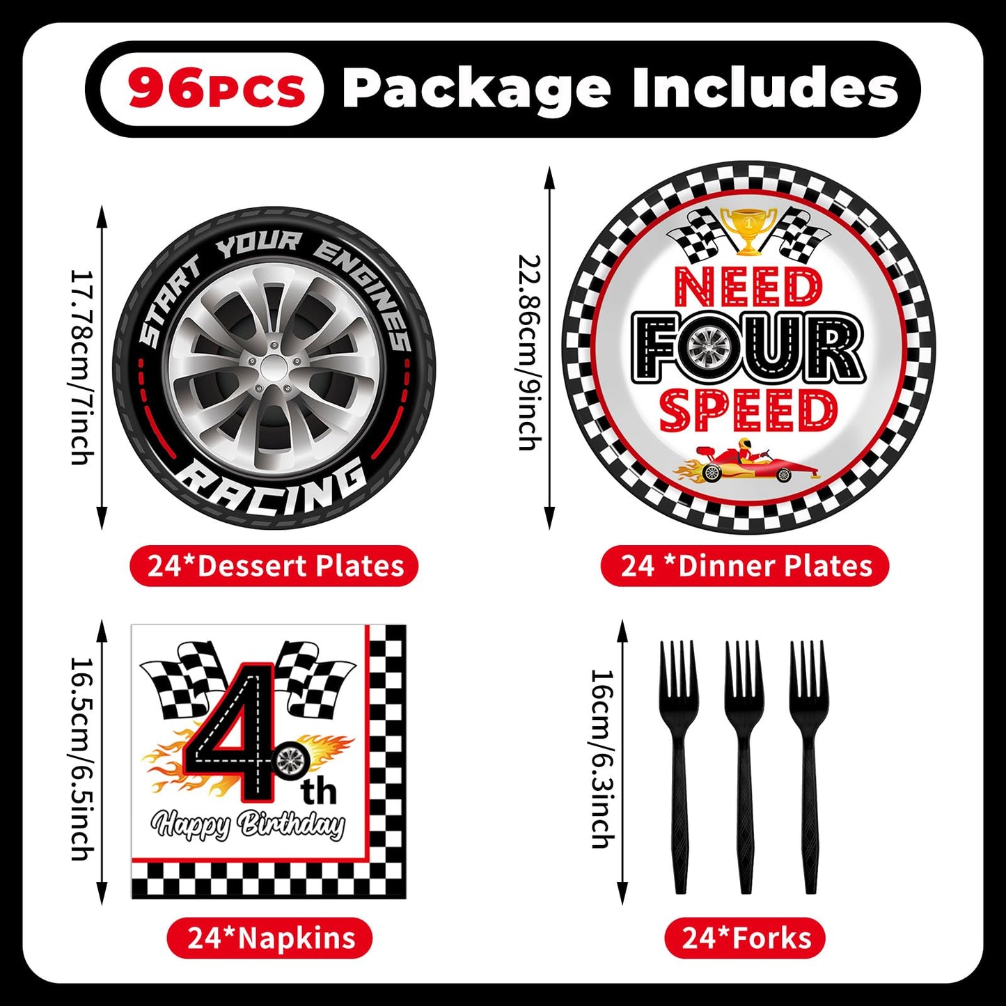 Oitnlaughter 96Pcs Racing Car Birthday Party Plates & Napkins – Four Speed Checkered Flag Tableware for Kids