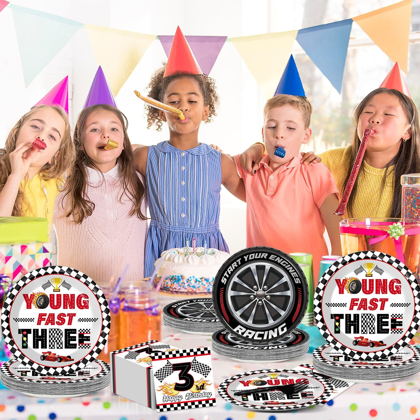 Oitnlaughter 96-Piece Race Car Party Set – Plates, Napkins & Forks for 3rd Birthday