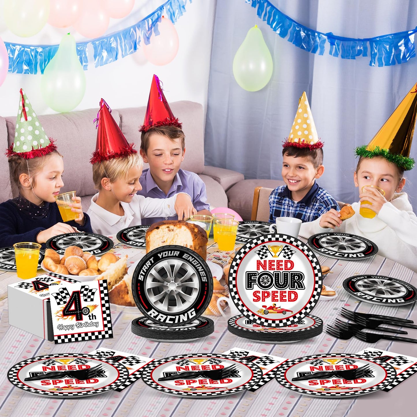 Oitnlaughter 96Pcs Racing Car Birthday Party Plates & Napkins – Four Speed Checkered Flag Tableware for Kids