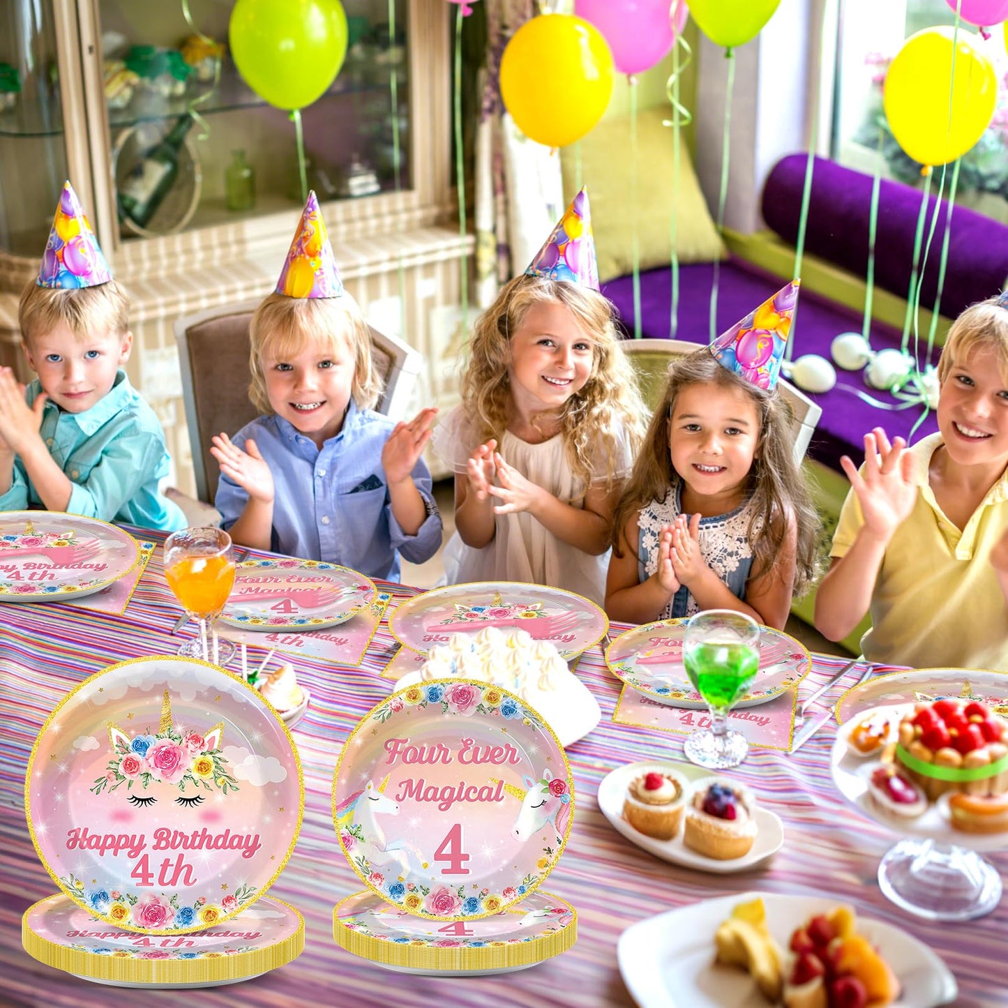 Oitnlaughter 96Pcs Four Ever Magical Unicorn Party Plates & Napkins – 24 Guests