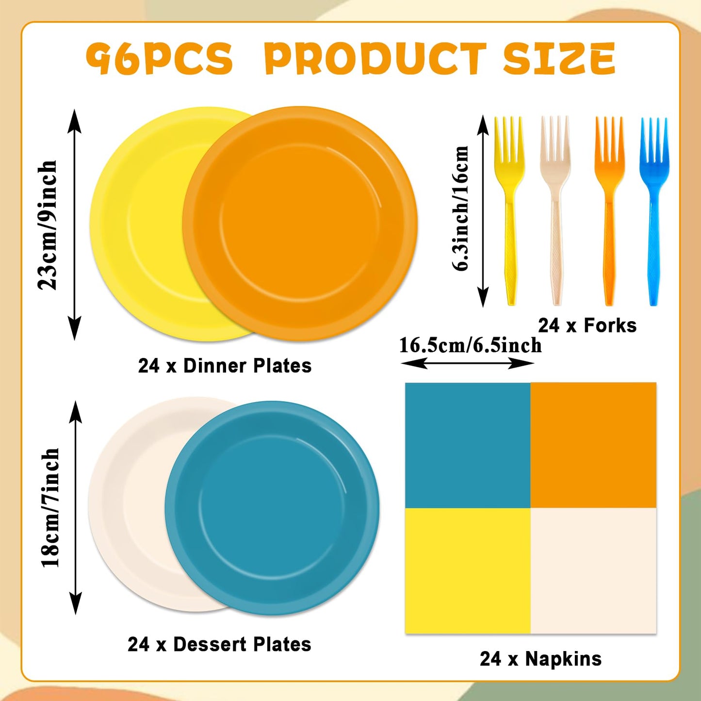 Oitnlaughter 96PCS Boho Sun Party Plates & Napkins – Blue Orange Mustard Yellow Disposable Set for 24 Guests