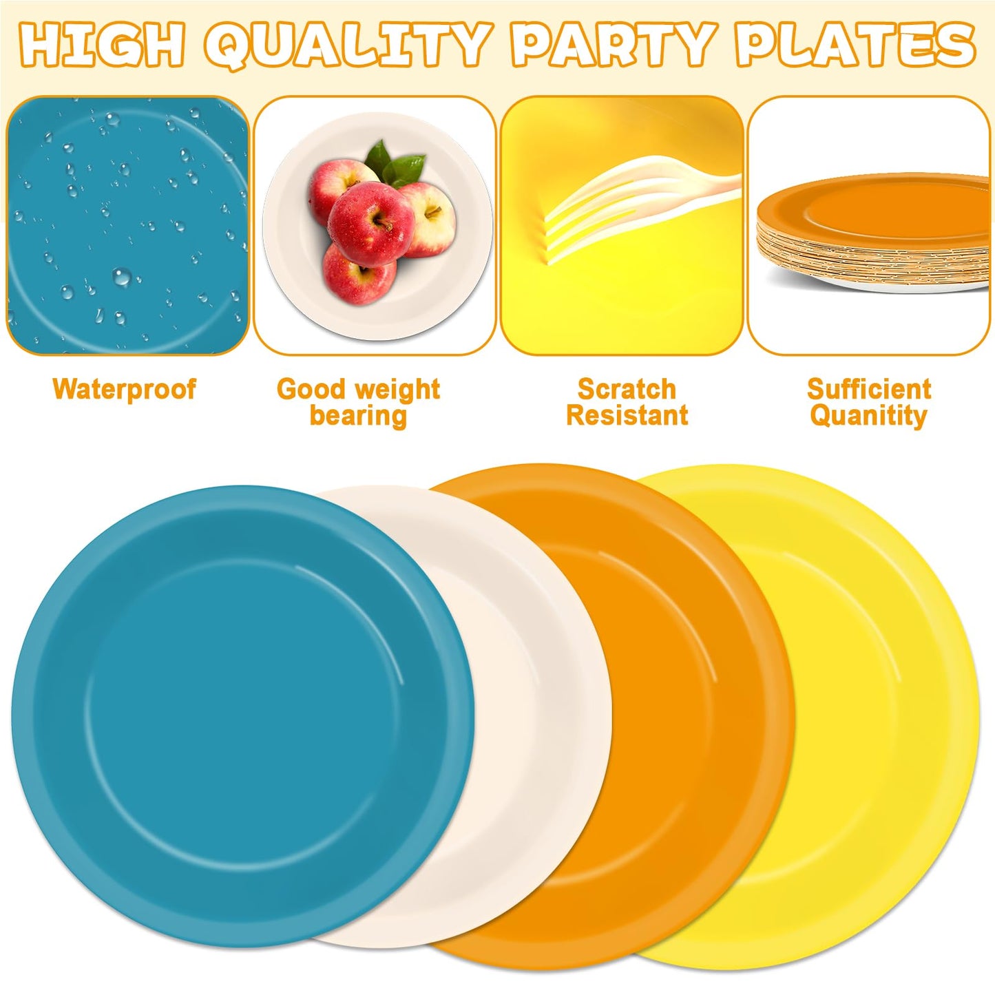 Oitnlaughter 96PCS Boho Sun Party Plates & Napkins – Blue Orange Mustard Yellow Disposable Set for 24 Guests