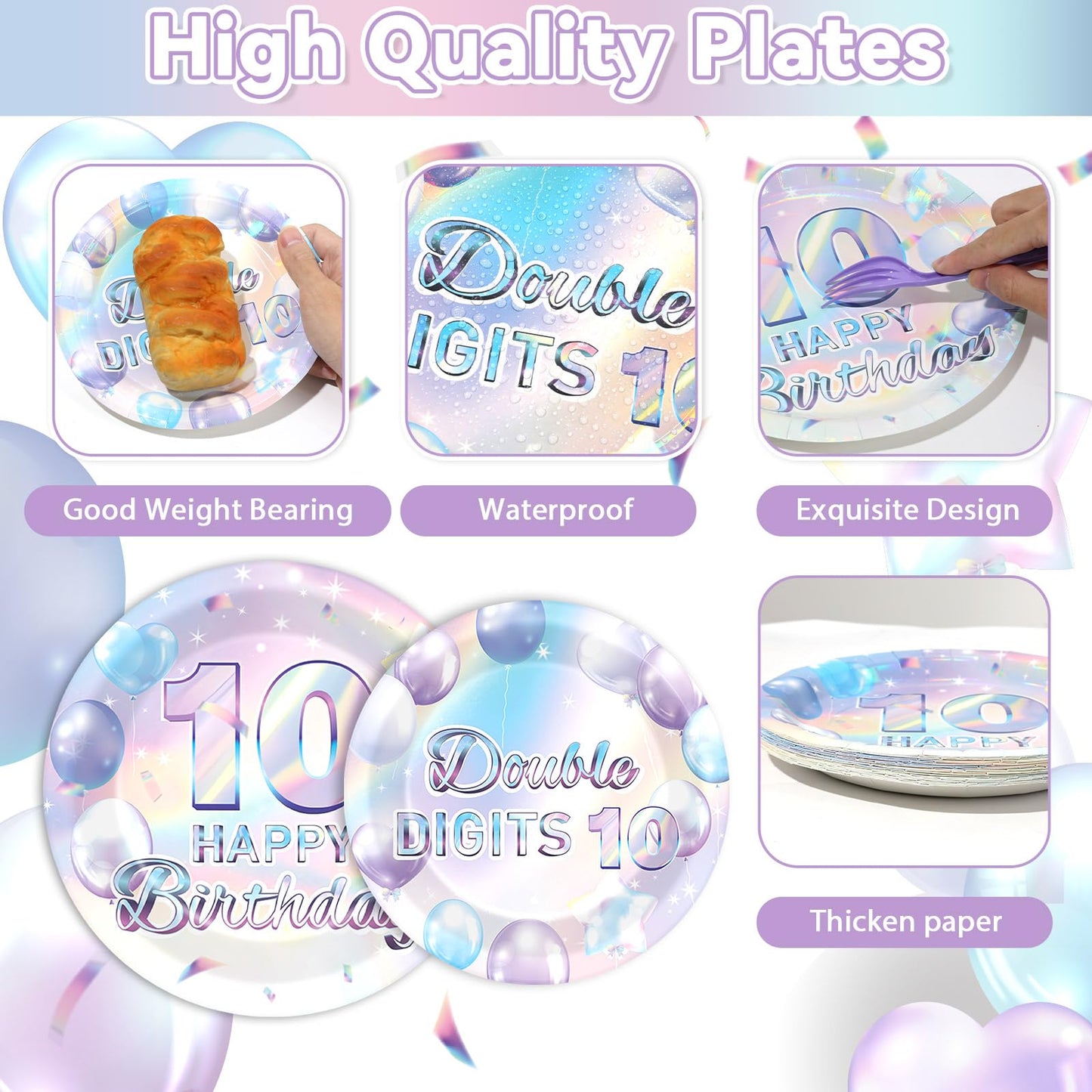 Oitnlaughter 96Pcs Iridescent 10th Birthday Plates & Napkins – Disposable Party Set for 10-Year-Old Celebrations