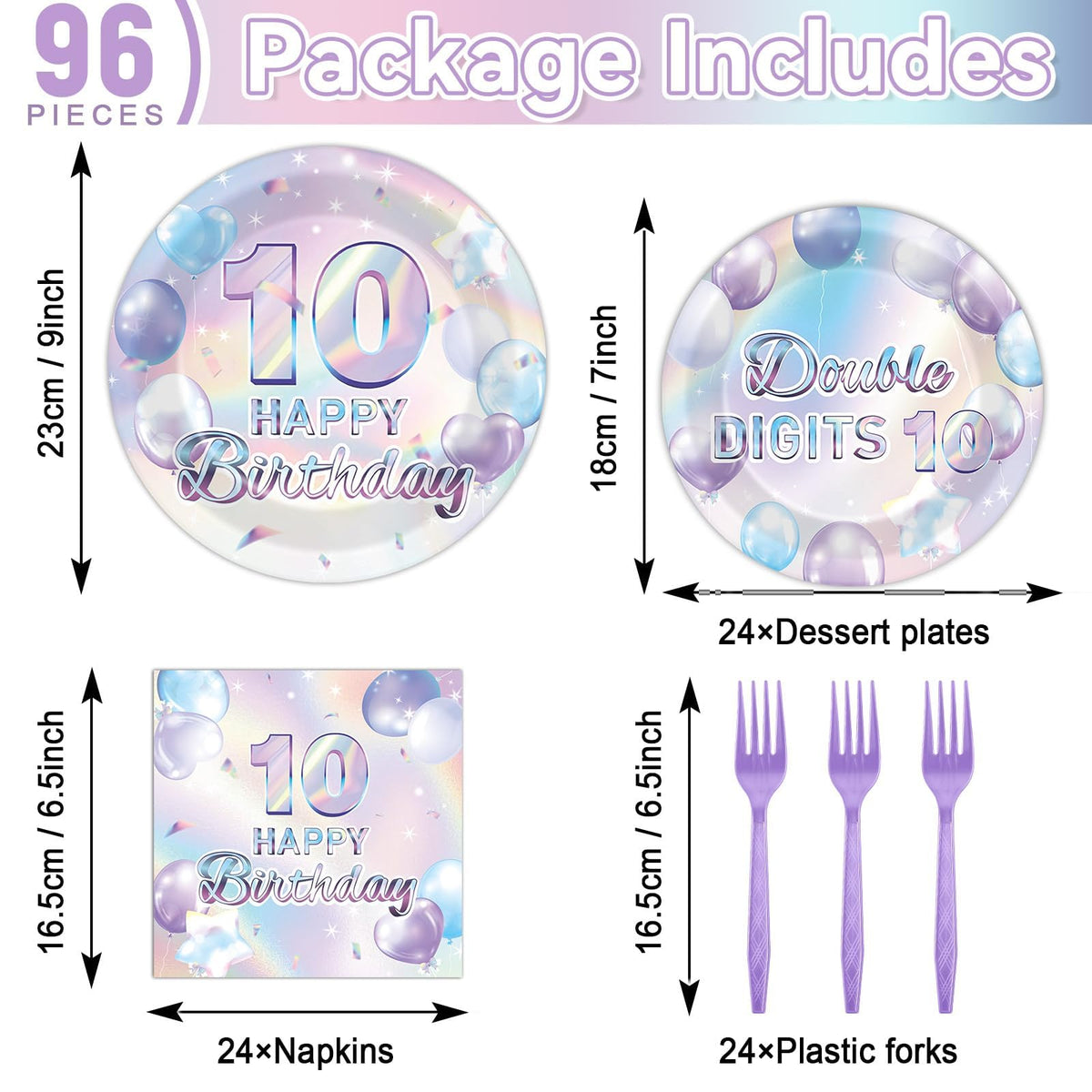 Oitnlaughter 96Pcs Iridescent 10th Birthday Plates & Napkins – Disposable Party Set for 10-Year-Old Celebrations