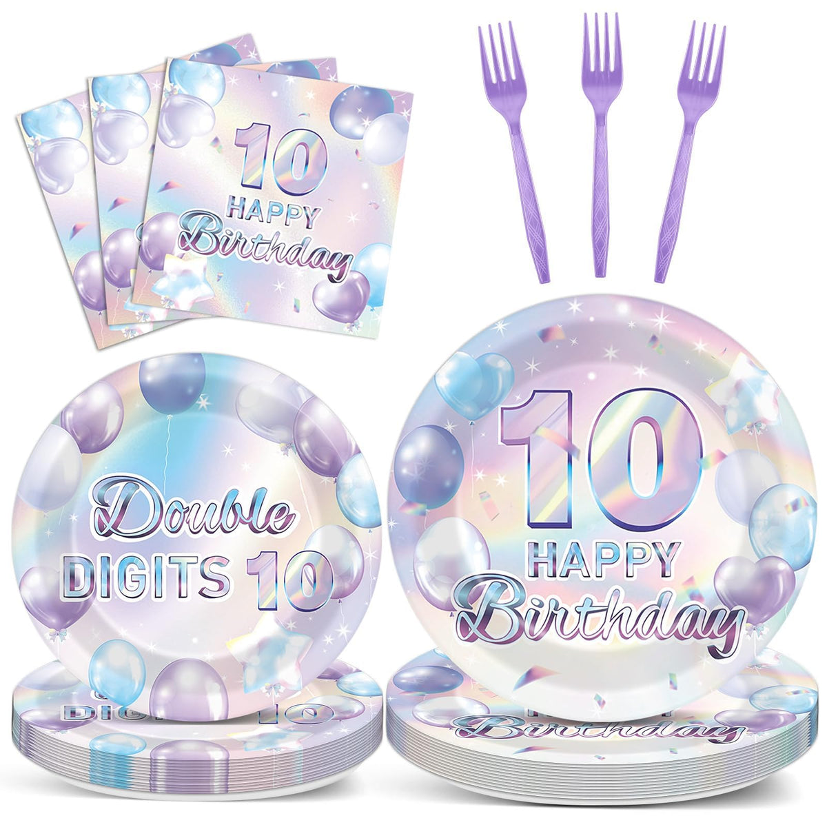 Oitnlaughter 96Pcs Iridescent 10th Birthday Plates & Napkins – Disposable Party Set for 10-Year-Old Celebrations