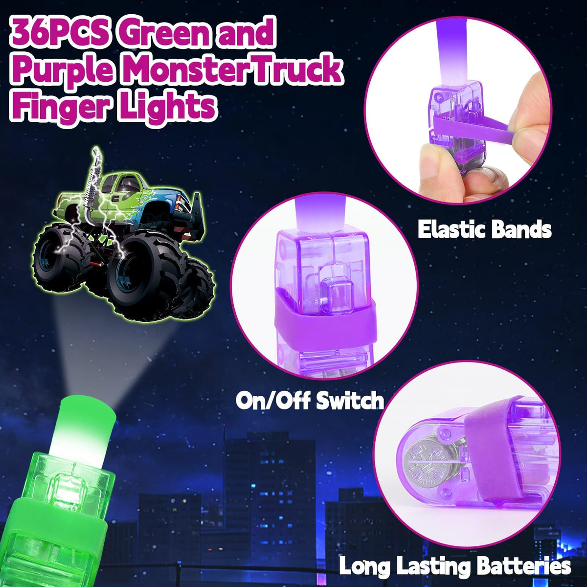 Oitnlaughter 36Pcs Monster Truck LED Finger Lights – Glow-in-the-Dark Party Favors