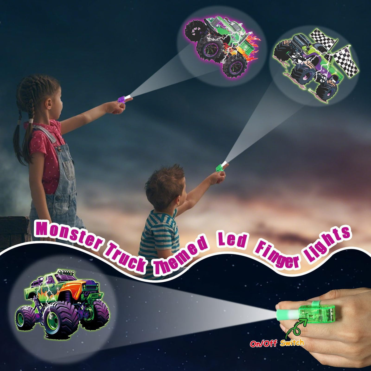 Oitnlaughter 36Pcs Monster Truck LED Finger Lights – Glow-in-the-Dark Party Favors