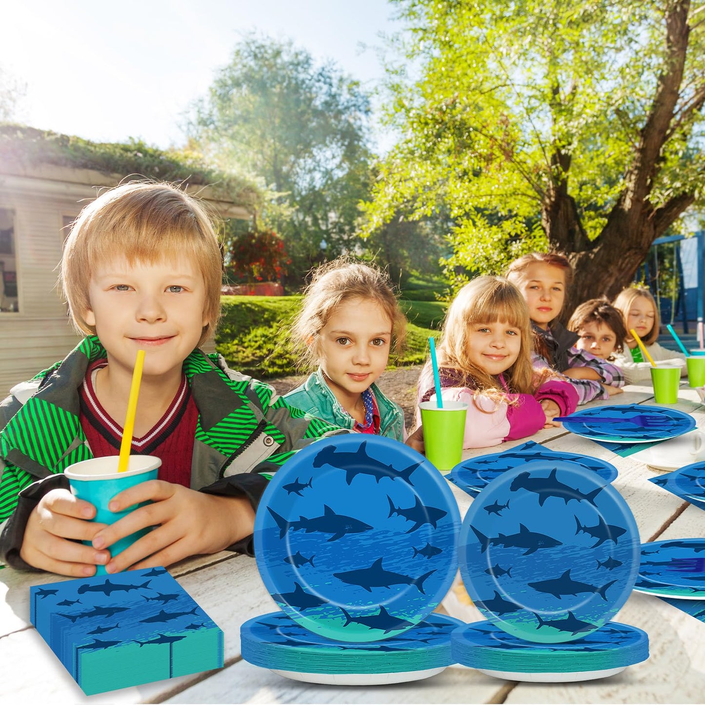Oitnlaughter 96-Piece Shark Birthday Tableware Set – Ocean Undersea Party Decor