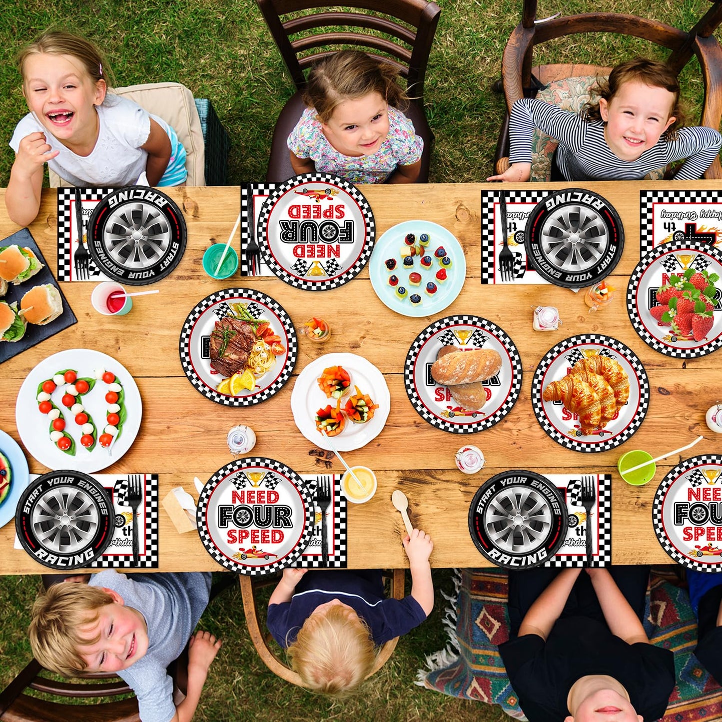 Oitnlaughter 96Pcs Racing Car Birthday Party Plates & Napkins – Four Speed Checkered Flag Tableware for Kids