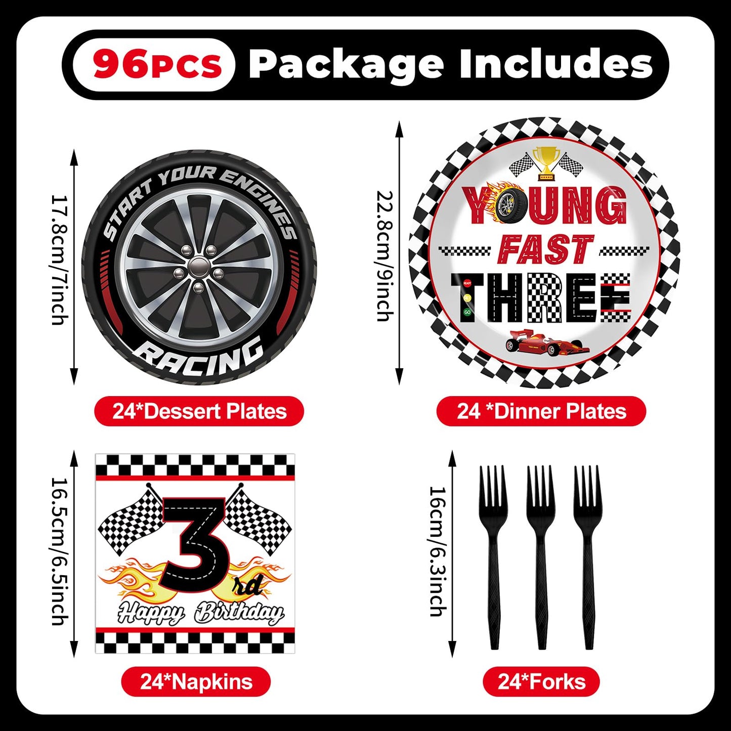 Oitnlaughter 96-Piece Race Car Party Set – Plates, Napkins & Forks for 3rd Birthday