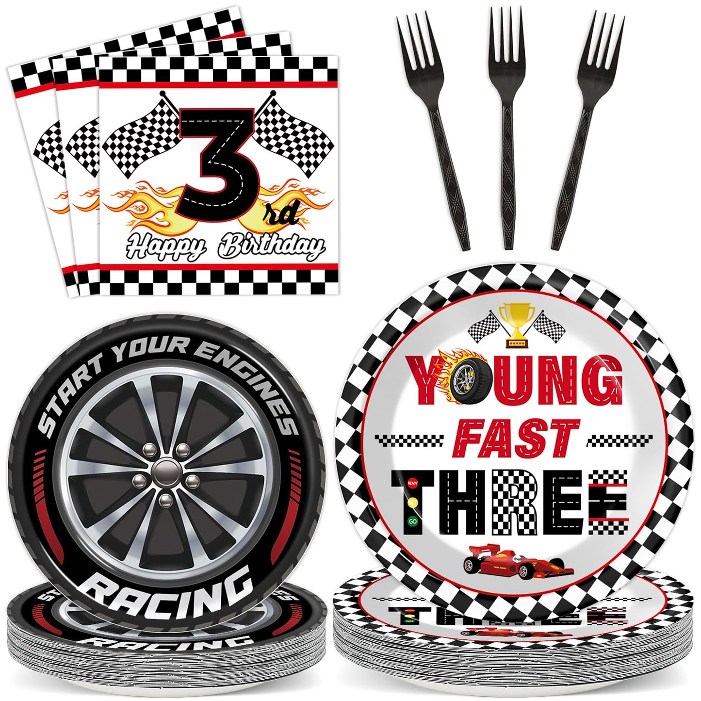 Oitnlaughter 96-Piece Race Car Party Set – Plates, Napkins & Forks for 3rd Birthday