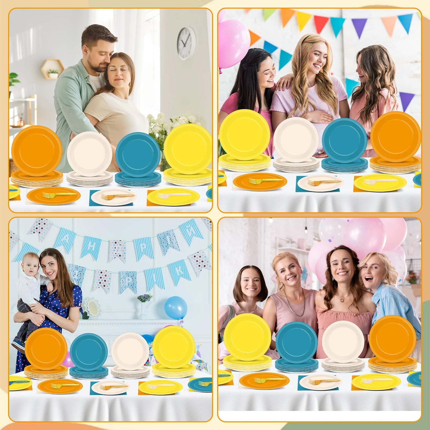 Oitnlaughter 96PCS Boho Sun Party Plates & Napkins – Blue Orange Mustard Yellow Disposable Set for 24 Guests