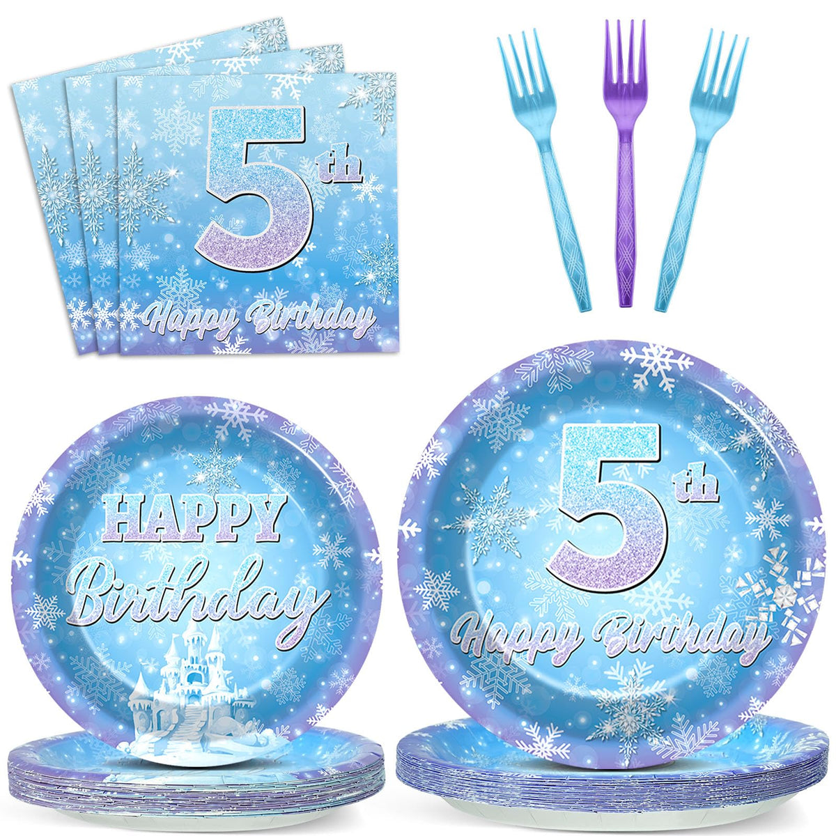Oitnlaughter Snowflake Winter Wonderland – 5th Birthday Disposable Dinnerware Set | 24 Plates, 24 Napkins, 12 Blue & 12 Purple Forks