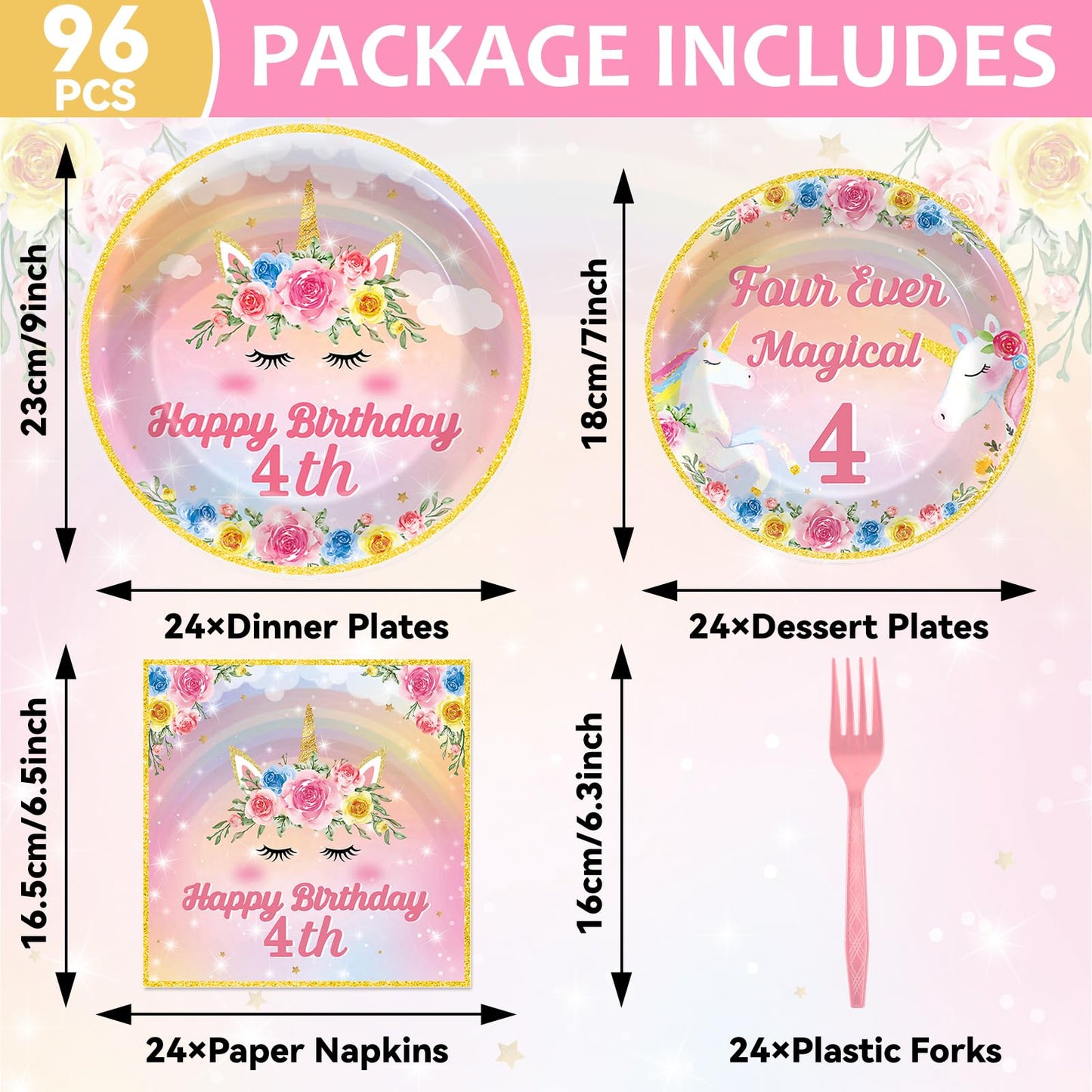 Oitnlaughter 96Pcs Four Ever Magical Unicorn Party Plates & Napkins – 24 Guests