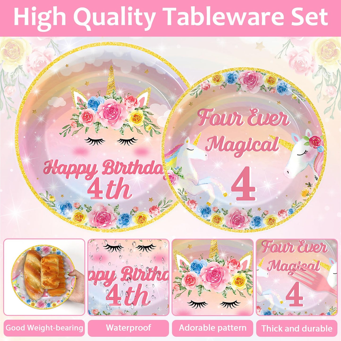 Oitnlaughter 96Pcs Four Ever Magical Unicorn Party Plates & Napkins – 24 Guests