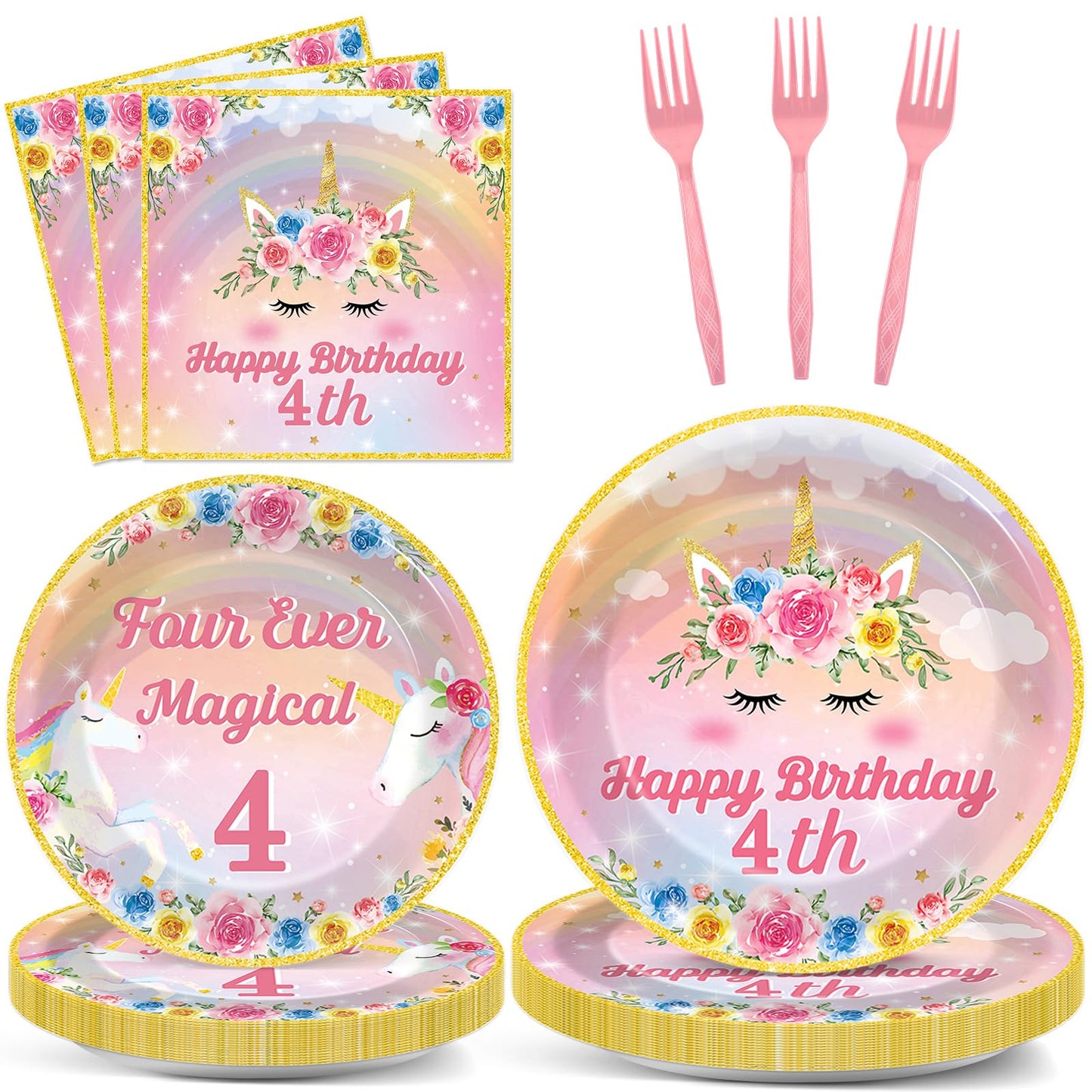 Oitnlaughter 96Pcs Four Ever Magical Unicorn Party Plates & Napkins – 24 Guests